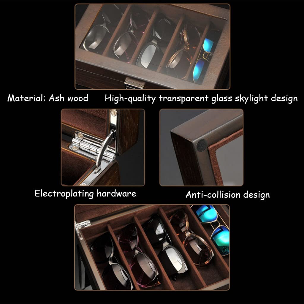 Premium 5-Slot Sunglasses Organizer - Ash Wood Glasses & Jewelry Storage Case with Lock & Visible Sunroof (Dark Brown, 30x22x8.5cm) - Perfect for Home, Office & Travel Accessory Organization