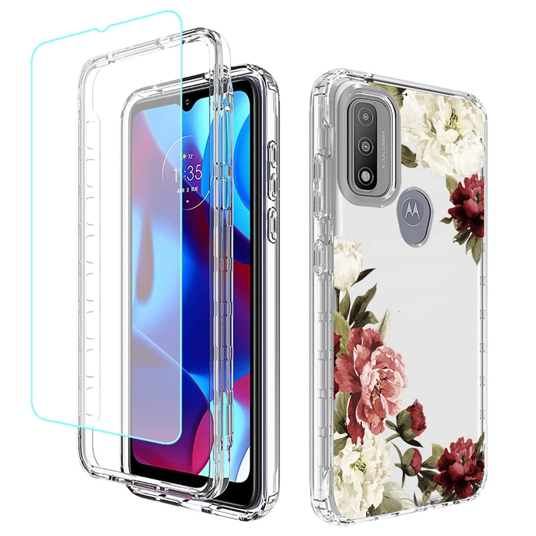 **Moto G Pure 2021 Case with Tempered Glass Screen Protector | Clear Floral Design Full Body Protective Cover for Motorola XT2163DL | Durable & Stylish for Everyday Use**