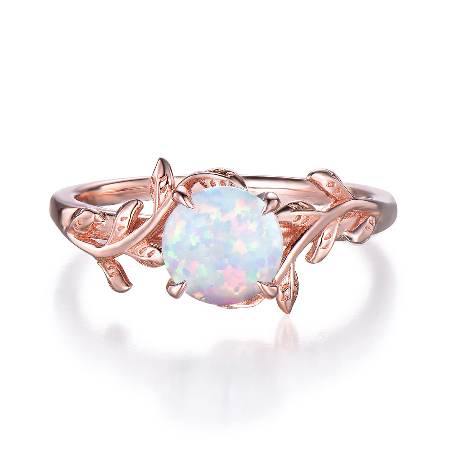 Sterling Silver & Rose Gold Plated White Opal Engagement Ring - Nature Inspired Leaf Flower Design, Round Solitaire Ring for Women - Perfect Anniversary Gift & October Birthstone Jewelry (Sizes 4-10, Includes Gift Box) - Ideal for Weddings, Proposals, Anniversary Celebrations and Special Occasions