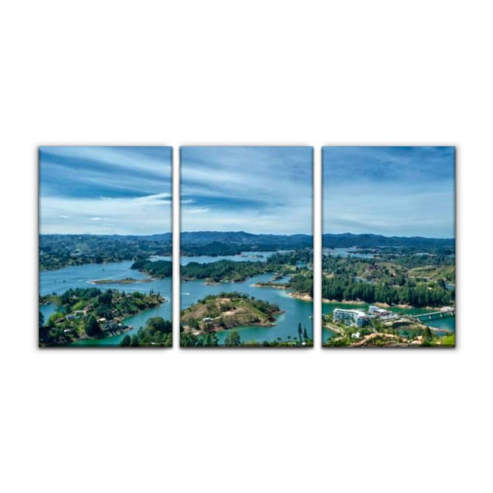 Modern Canvas Wall Art - Panoramic View of Guatapé Rock in Medellin Colombia - Framed Oil Painting Landscape Decor for Home, Office, Bedroom - Set of 3 (16x24 Inches) - Perfect for Living Room, Dining Area & Gift Giving