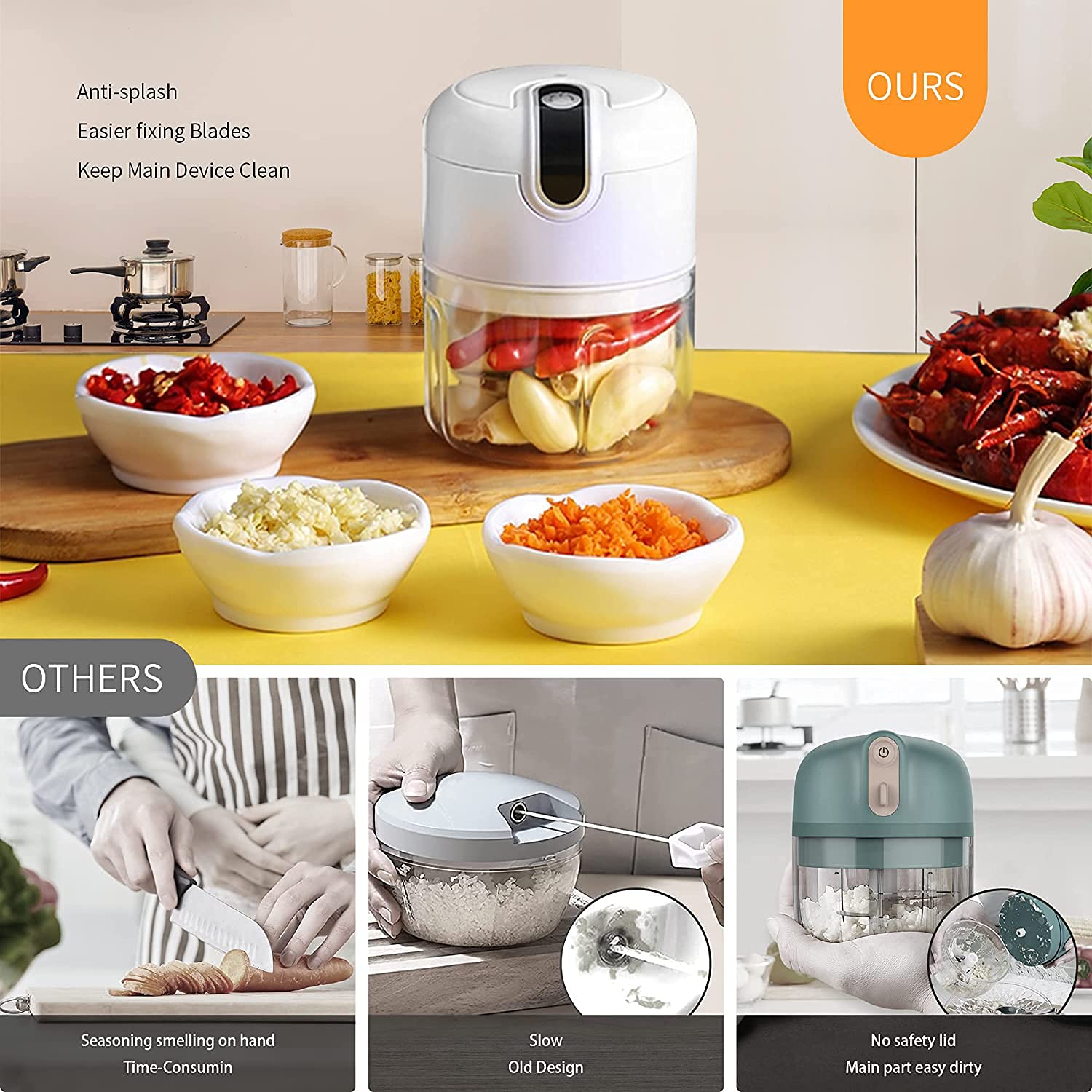 Electric Mini Garlic Chopper & Food Processor - Portable Cordless USB Rechargeable Vegetable Chopper, Meat Grinder for Garlic, Ginger, Chili, Fruits, Baby Food - 250ml White Kitchen Gadget for Home Cooking, Meal Prep & Camping