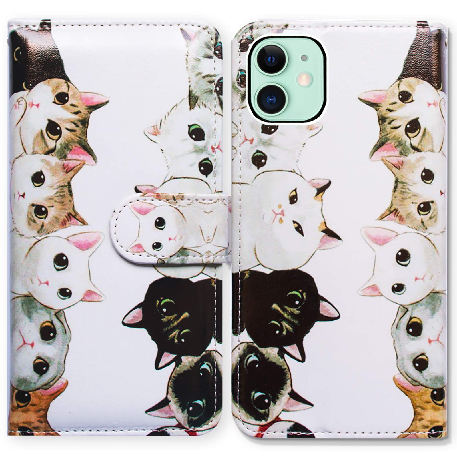 Premium White & Black Cute Cats Leather Flip Wallet Case for iPhone 12/12 Pro - Card Slot Holder & Kickstand | Perfect for Work, Travel & Everyday Use