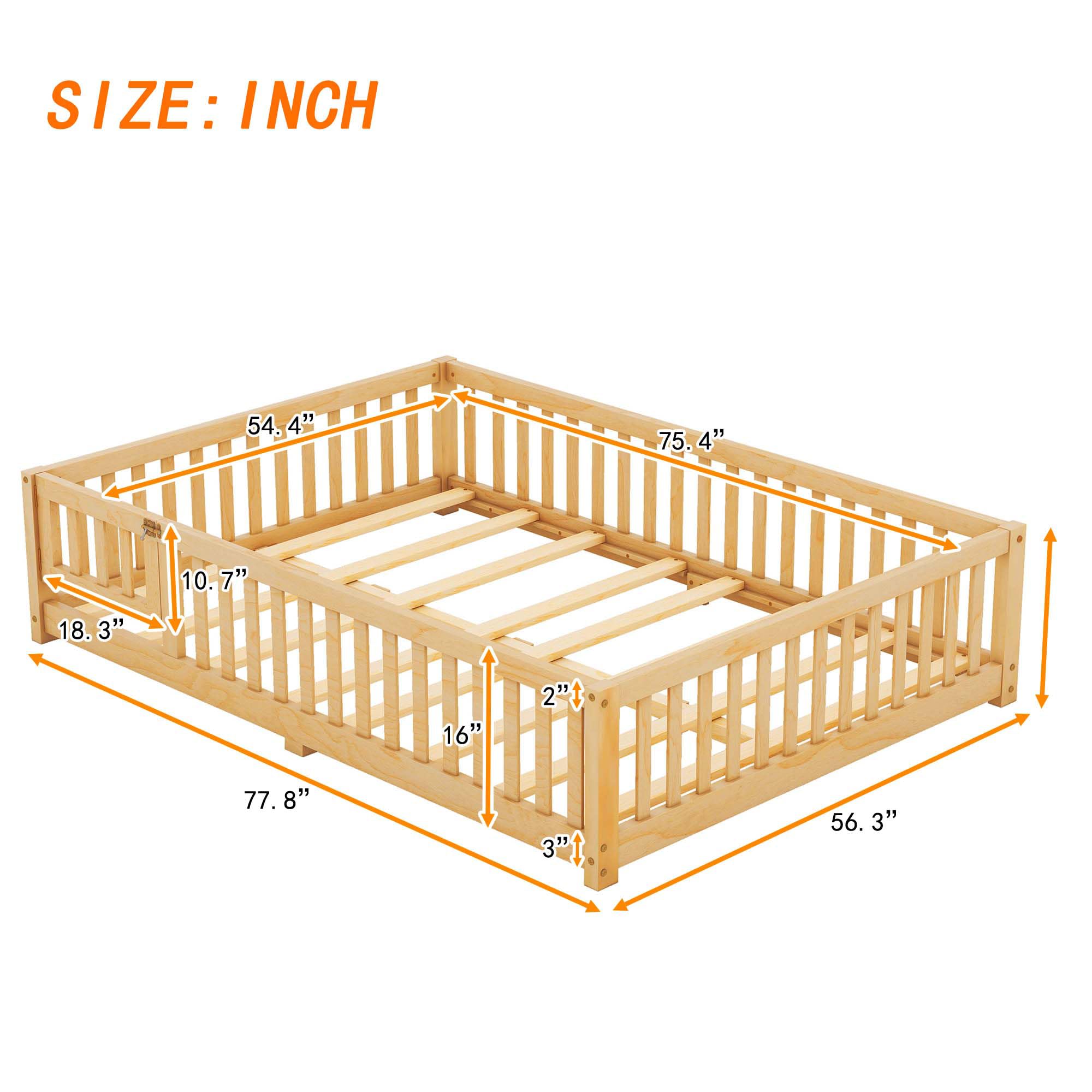 Montessori Full Size Floor Bed with Slats & Center Support Bar - Natural Wood Toddler Bed with Safety Fence & Door for Kids Room, Playroom or Nursery