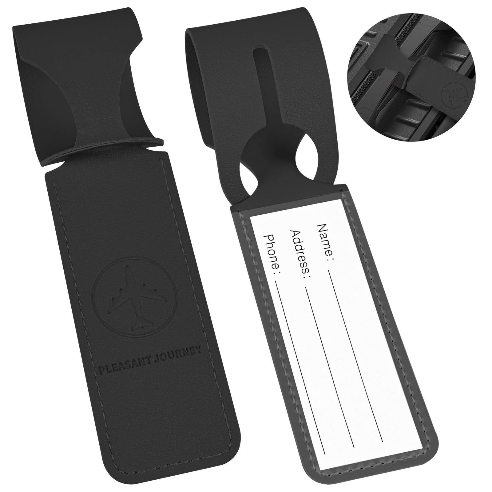 2 Pack Leather PU Luggage Tags for Suitcases - Cruise Essentials with Privacy Cover & Name Card - Durable Travel Bag Identifiers for Women & Men (Black) | Perfect for Airports, Cruises & Carnival Travel