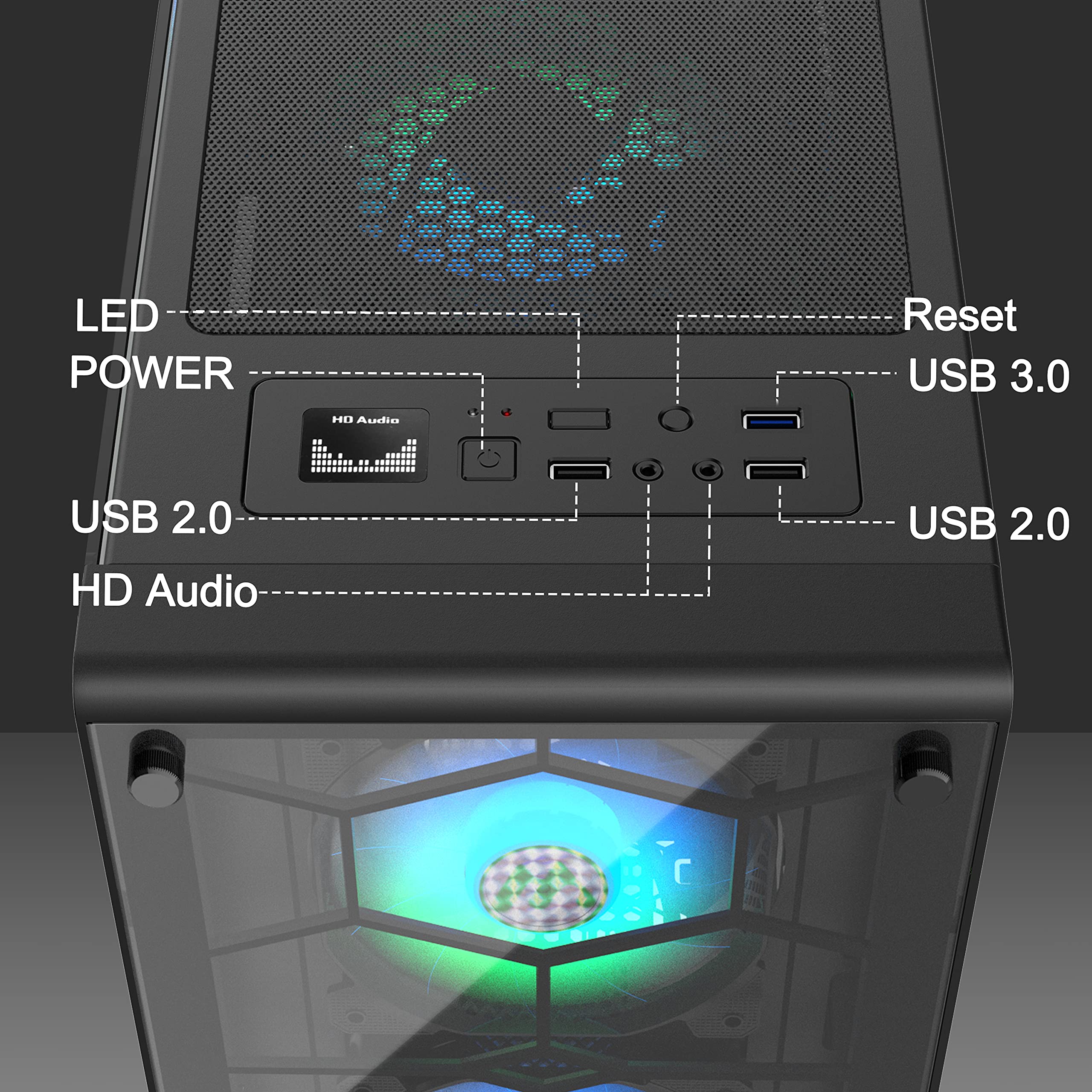 MUSETEX Black ATX Mid-Tower PC Gaming Case with 2 Tempered Glass Panels, USB 3.0 Ports & 6x 120mm ARGB Fans - High Airflow Computer Case for Gaming Rigs, Workstations & Custom PC Builds