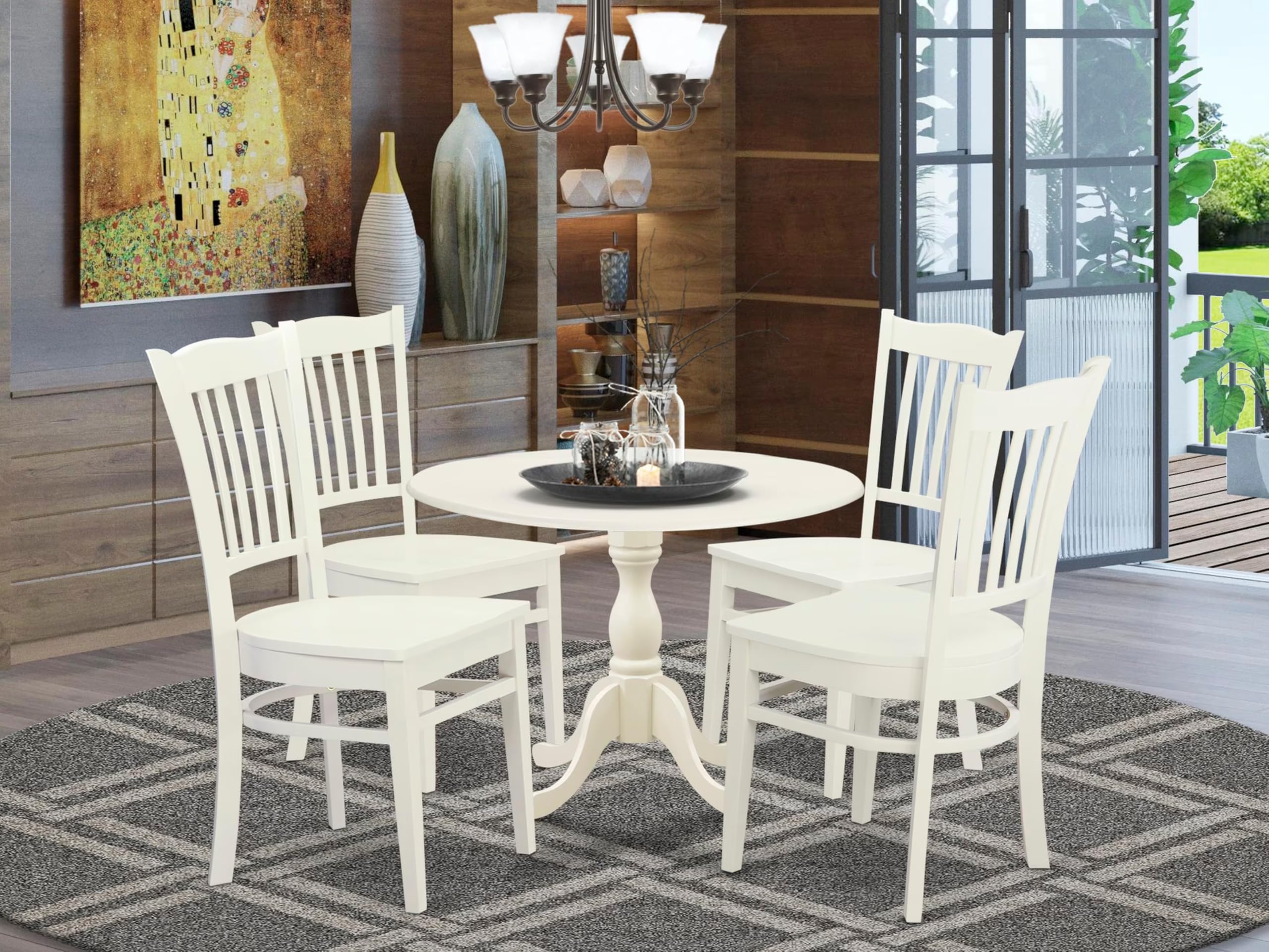 East West Furniture DMGR5-LWH-W 5-Piece White Linen Dining Set with 42x42 Inch Round Drop-Leaf Table & 4 Chairs - Perfect for Small Kitchens, Breakfast Nooks & Cozy Apartments