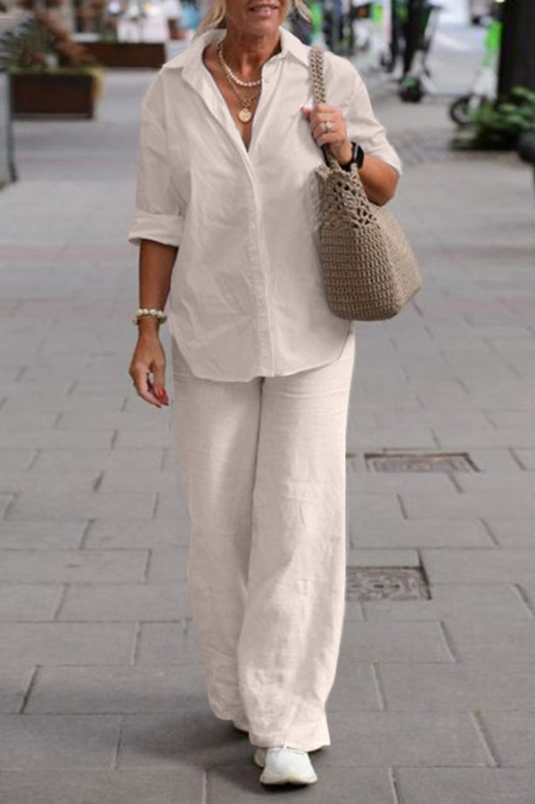 Stylish Solid Color Casual Long Sleeve Shirt & Elastic Waist Loose Wide Leg Pants Set for Women - Perfect for Office, Travel and Everyday Wear