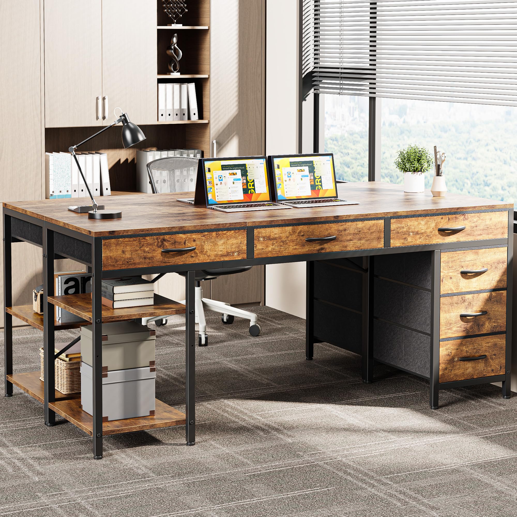 Huuger 63 Inch Computer Desk with 6 Drawers & Shelves, Reversible Gaming Desk with Storage, Rustic Brown Office Desk for Home Office, Study, Living Room - Perfect for Work, Gaming & Small Space Organization