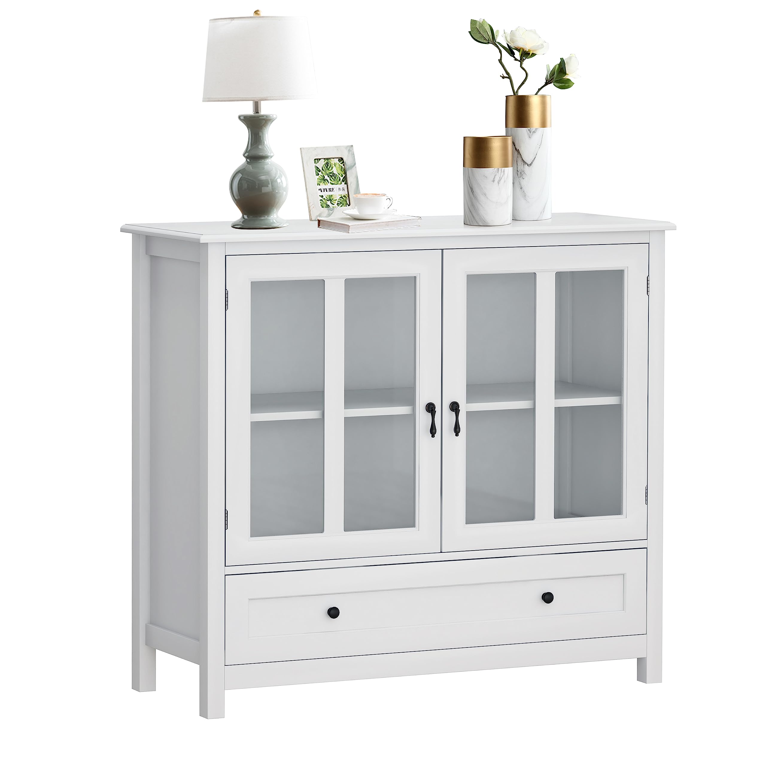 Henf Kitchen Sideboard Buffet Storage Cabinet - Freestanding Floor Cupboard with Double Glass Doors, Drawer & Adjustable Shelves | Perfect for Dining Room, Kitchen Storage & Home Organization | Ideal for Storing Dishes, Linens & Serving as Buffet Table