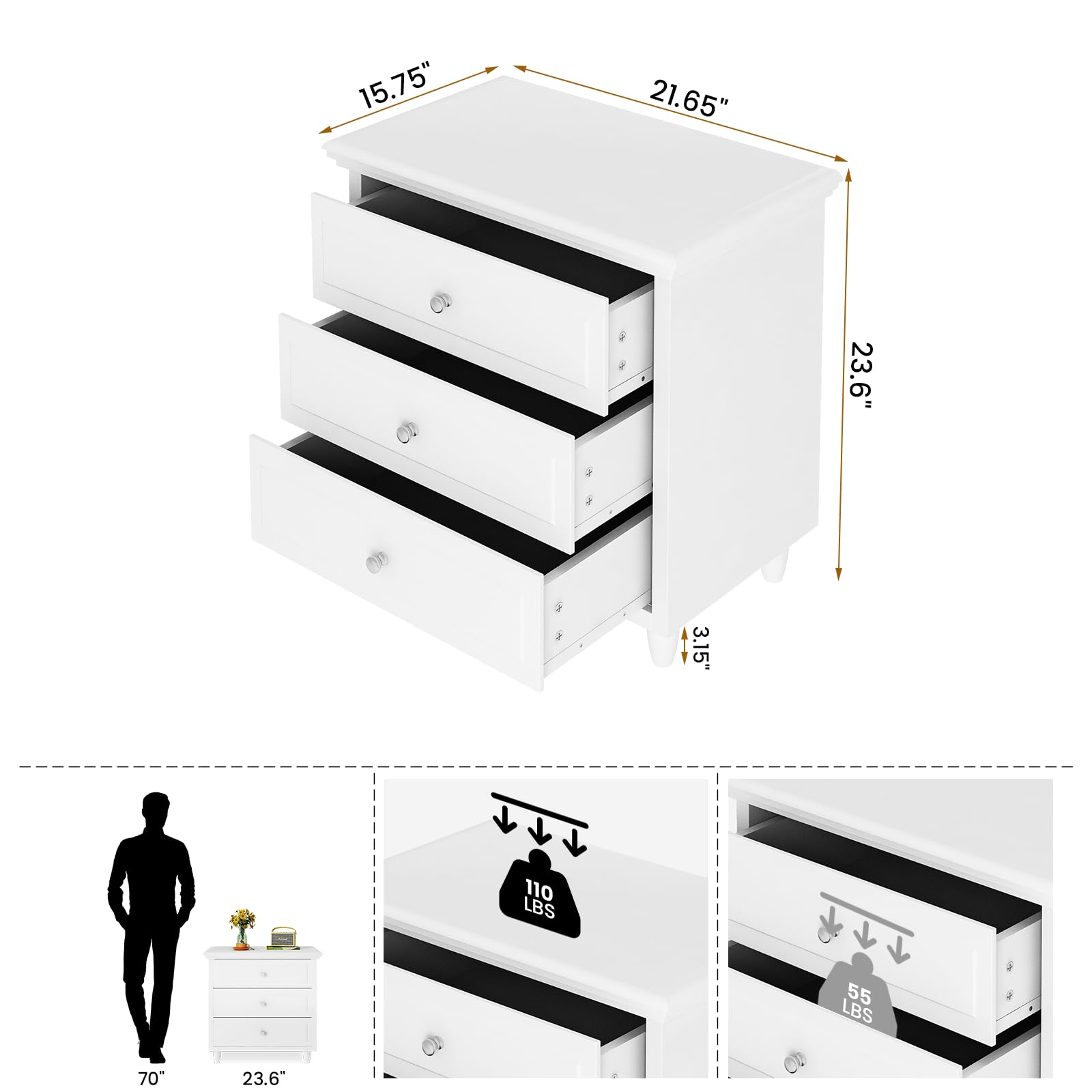 Modern White 3-Drawer Nightstand with Wood Legs - 15.75