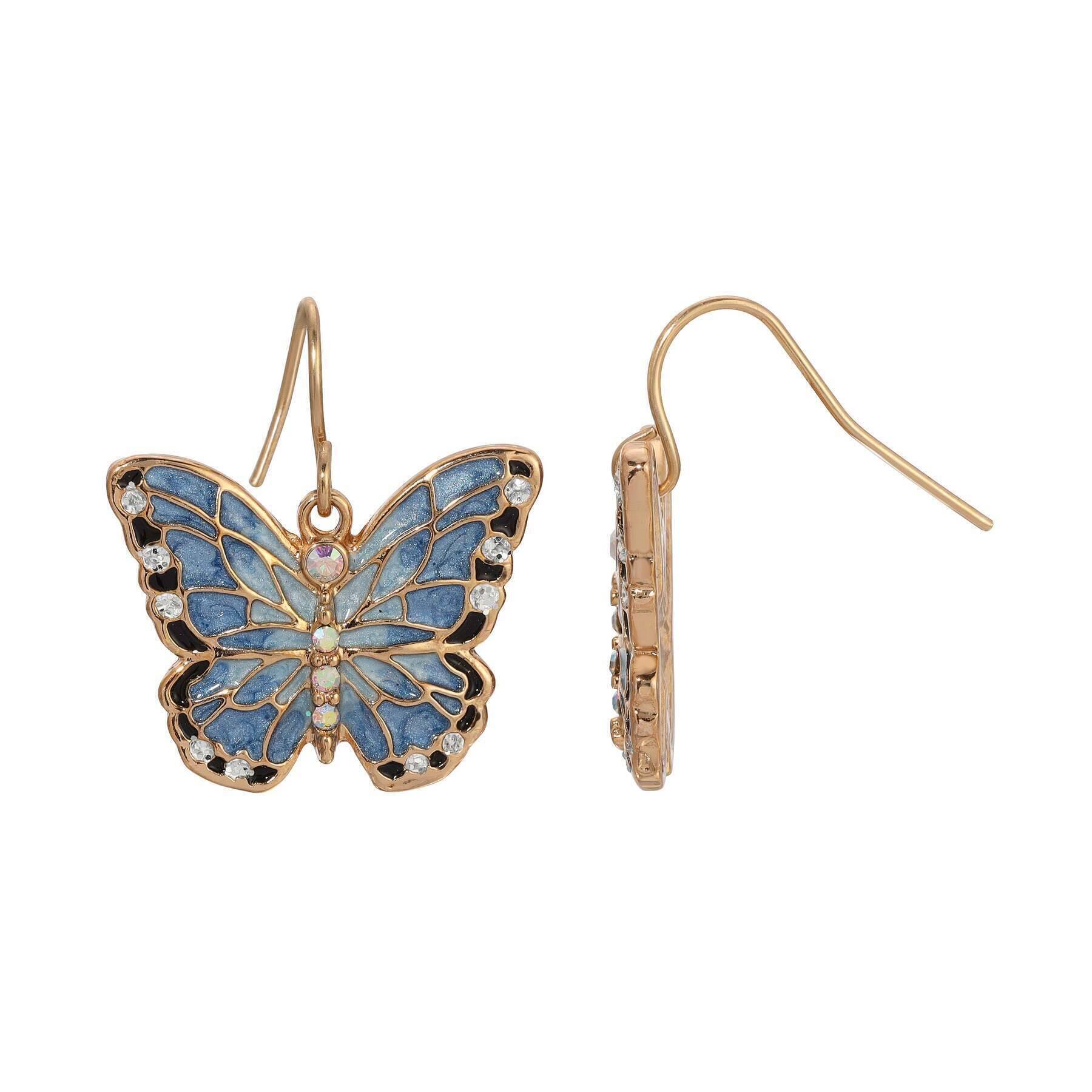 Vintage 1928 Blue Enamel Crystal Butterfly Drop Earrings for Women - Elegant Dangle Earrings for Parties, Weddings & Special Occasions