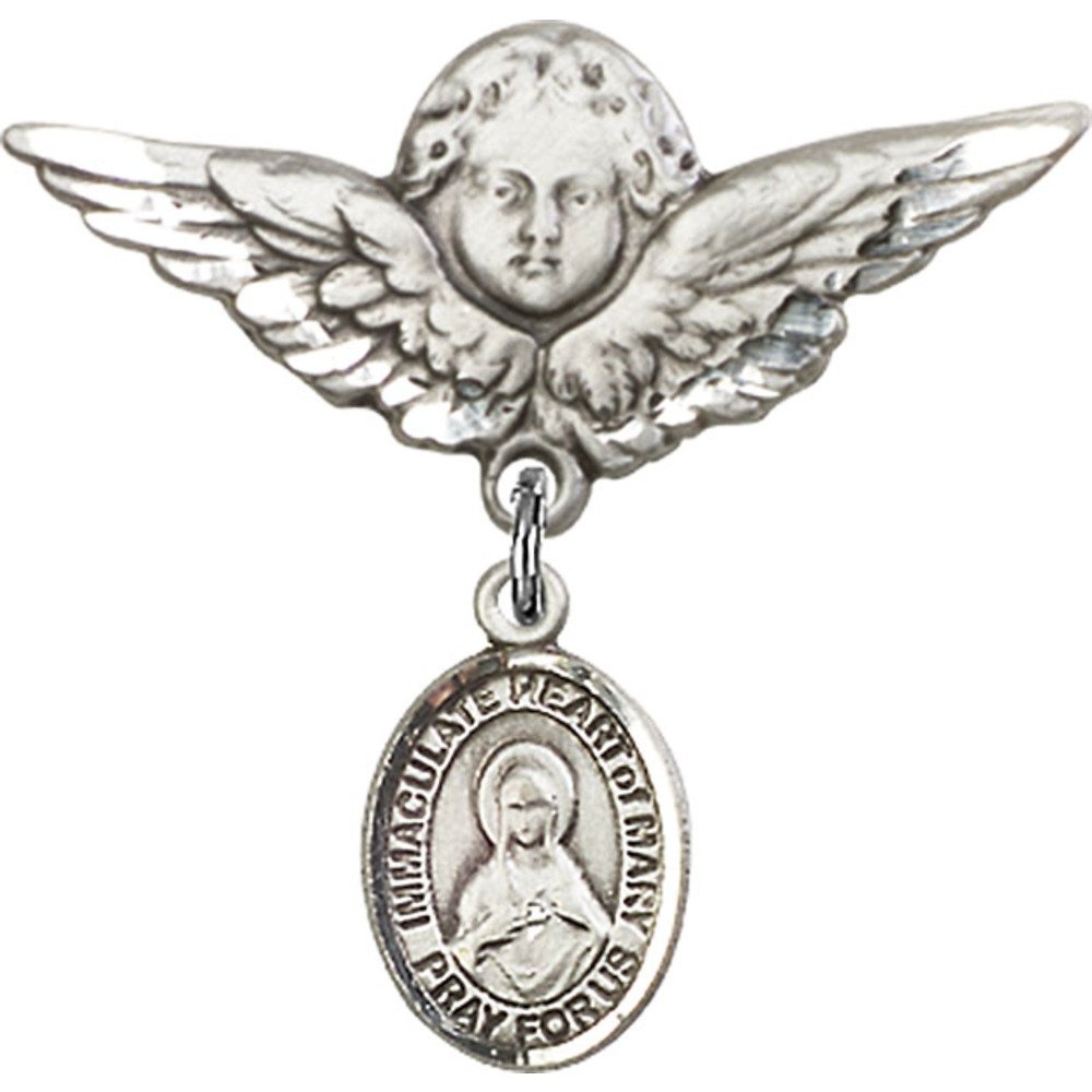 925 Sterling Silver Baby Badge with Immaculate Heart of Mary Charm & Angel Wing Pin - 1 1/8 X 1 1/8 Inches - Perfect for Christening Gifts, Baptism Jewelry & First Communion Keepsakes