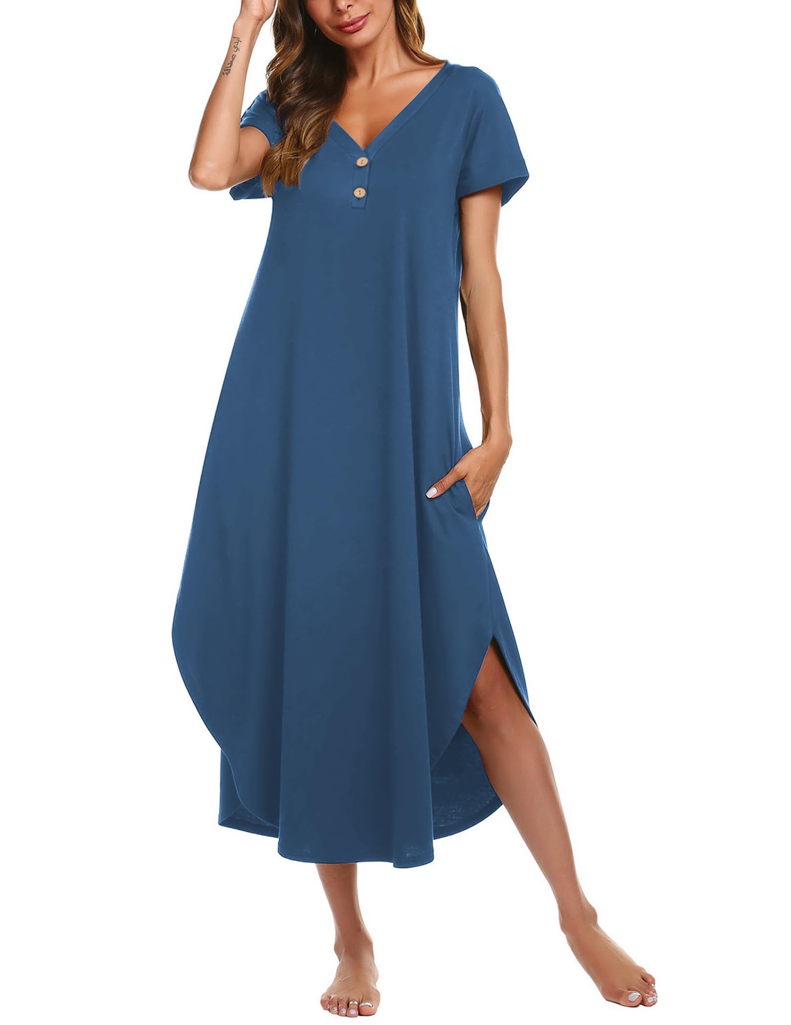 Ekouaer Women's Long Button-Down Nightgown - Short Sleeve Sleepwear with Pockets, Full Length Comfortable Sleep Shirt (Sizes S-2XL) - Perfect for Relaxing at Home, Lounging & Overnight Stays
