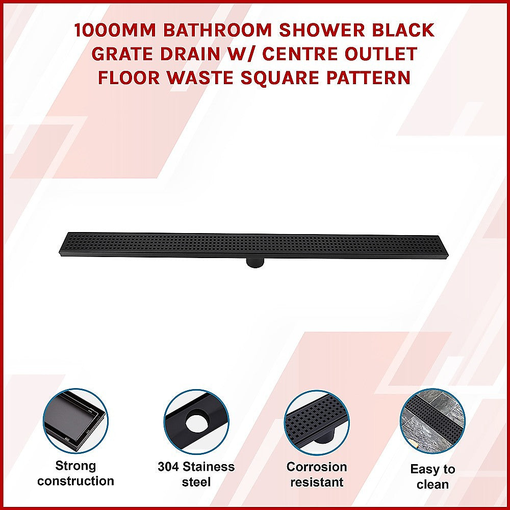 1000mm Black Square Pattern Bathroom Shower Drain Grate with Center Outlet - Floor Waste Drain for Modern Bathrooms & Wet Rooms