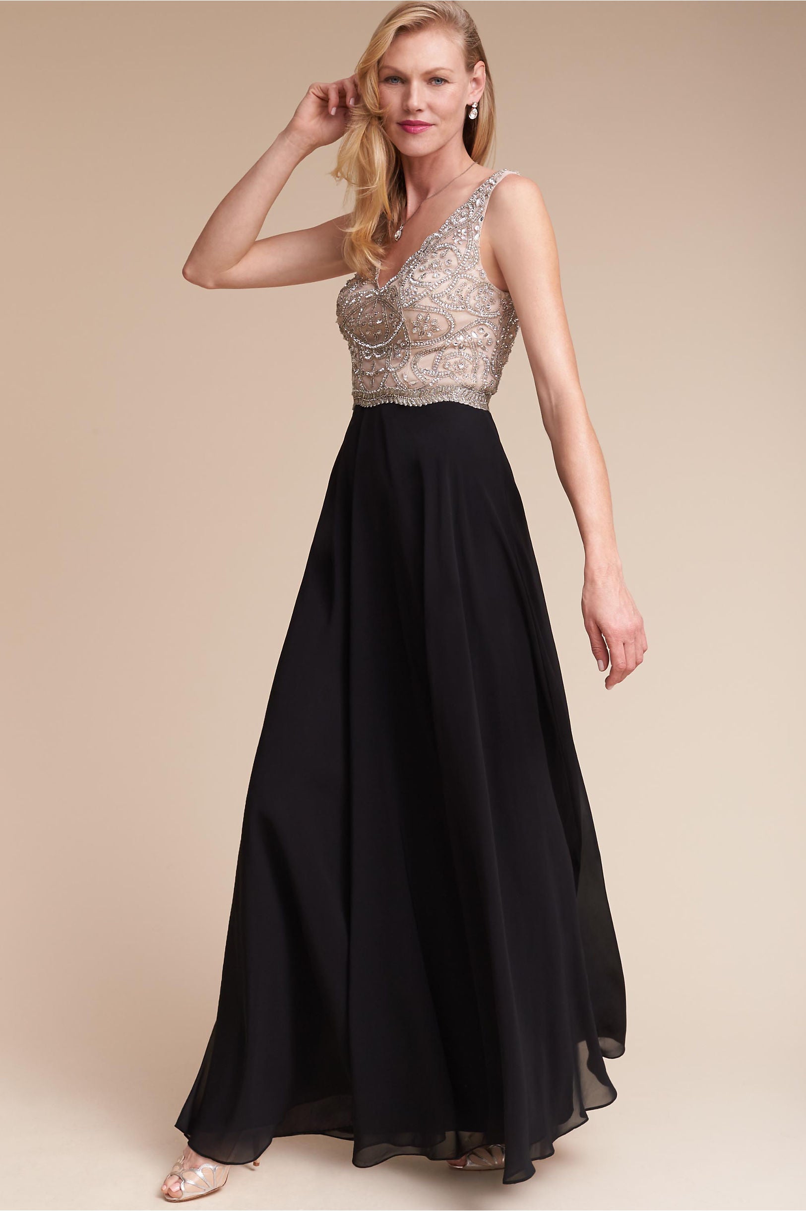 BHLDN Aidan Mattox Regina Gown - Elegant Champagne & Black Evening Dress for Weddings & Formal Events