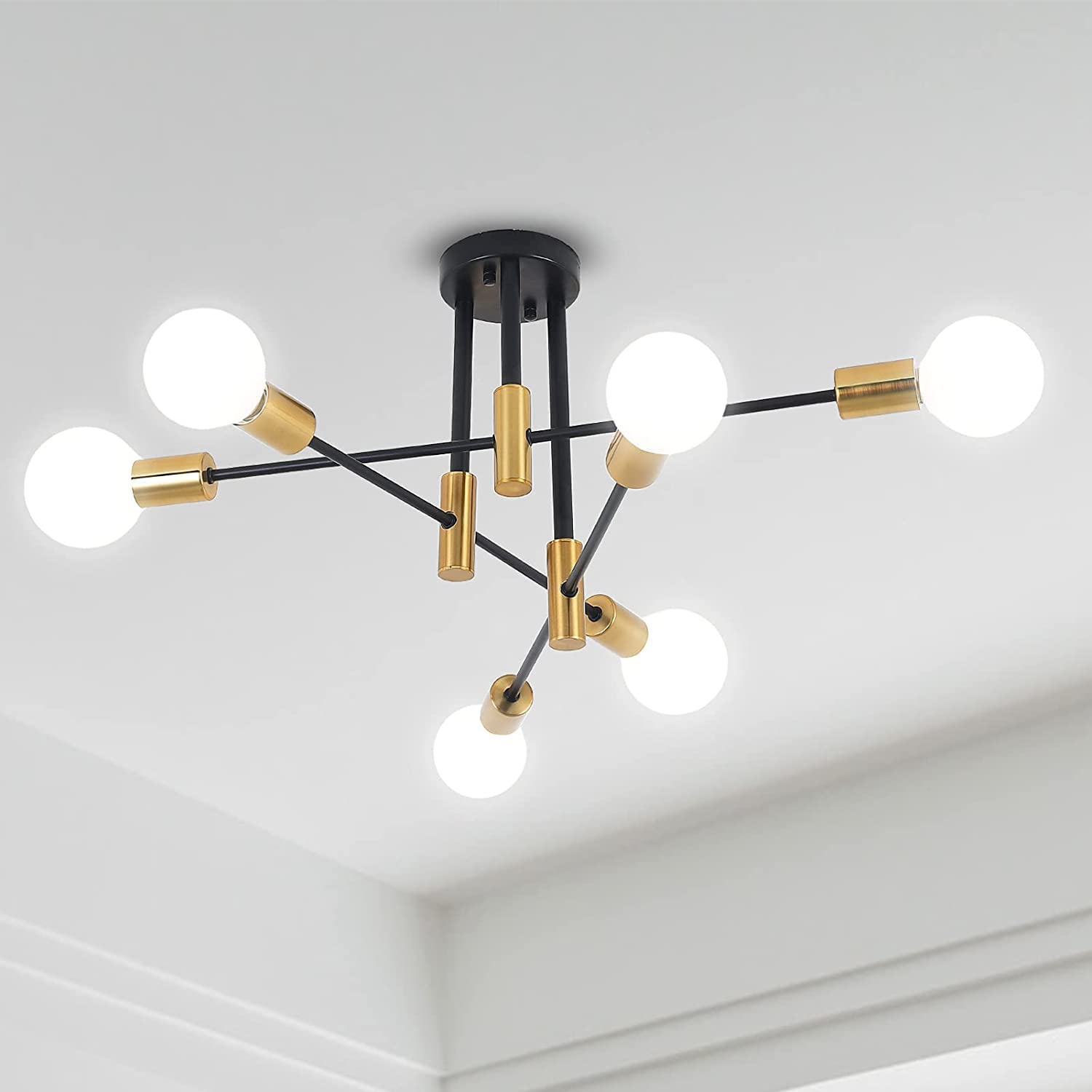 Mid Century Modern Jasni Sputnik Chandelier - 6-Light Black Gold Semi-Flush Mount Ceiling Fixture for Bedroom, Dining Room, Kitchen | Vintage Nordic Pendant Lighting for Home & Office Decor | Perfect for Hallways, Living Rooms and Mid-Century Interior Design