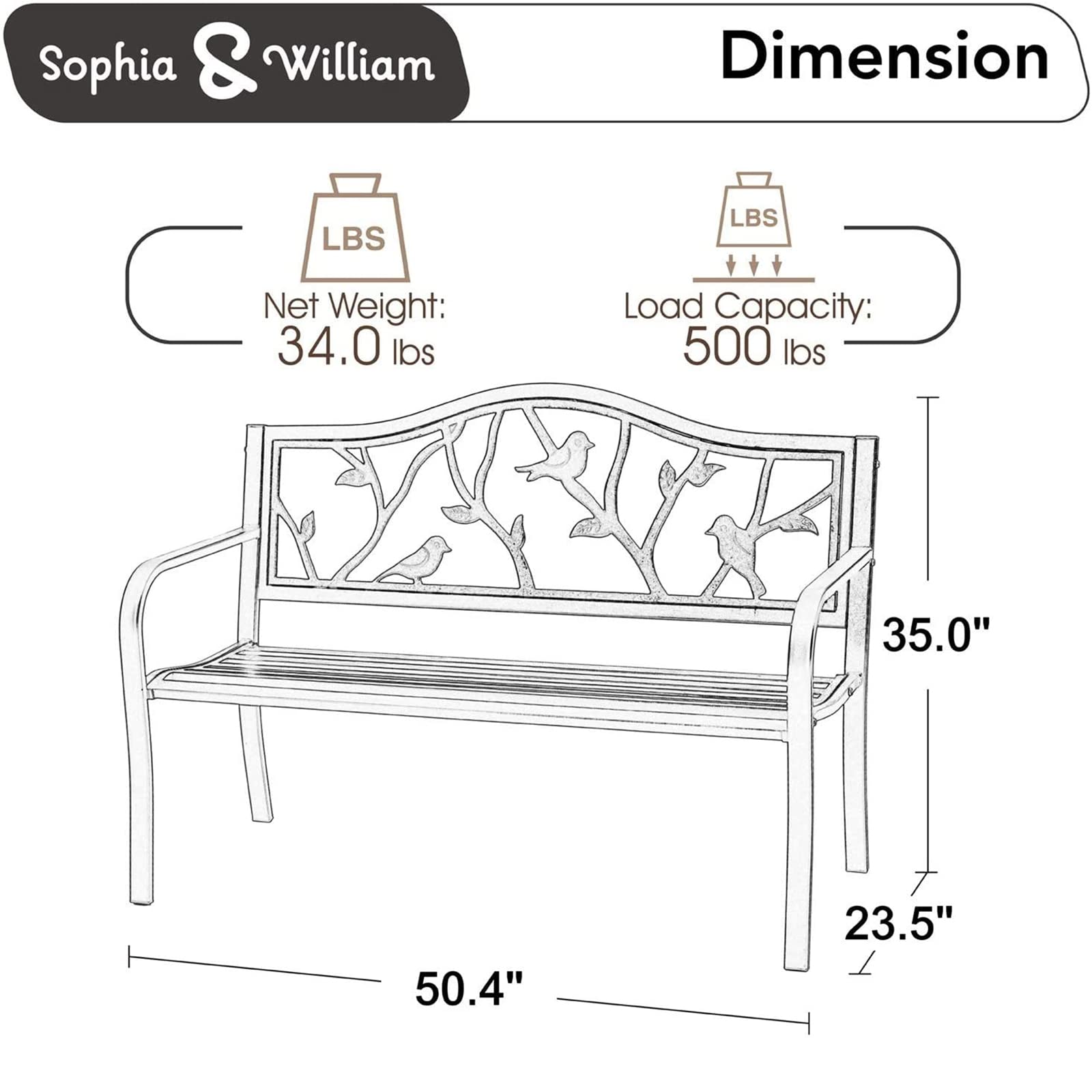 Sophia & William Wrought Iron Outdoor Bench with Backrest & Armrests - Patio, Porch, Garden Seating Furniture in Bronze Finish for Relaxing Outdoors