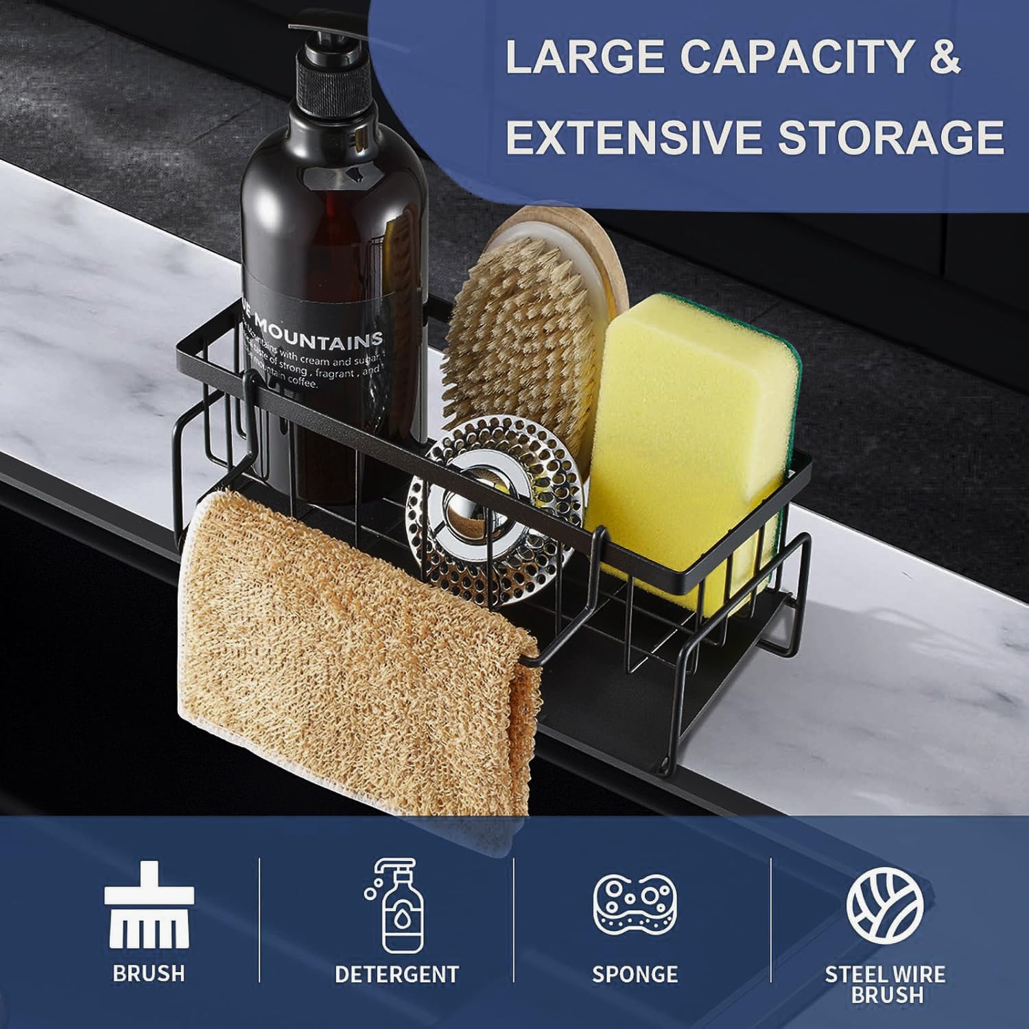 INOVERA Sponge Holder for Kitchen Sink - Dish Soap Brush Organizer Rack Stand - Sink Caddy Organizer (Black) | Perfect for Kitchen Cleaning, Dishwashing & Countertop Storage