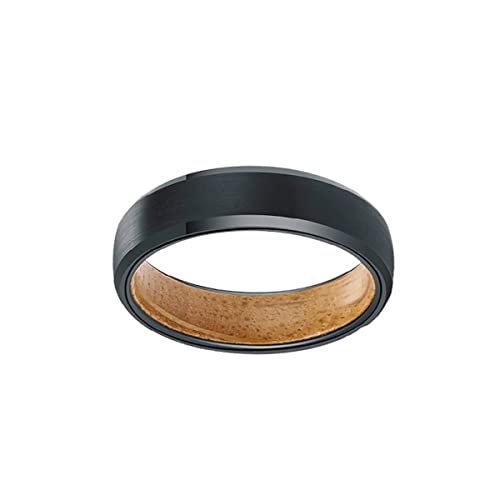 6mm Black Tungsten Wedding Band for Men with Reclaimed Bourbon Barrel Wood Inlay - Whiskey Cask Ring for Grooms, Anniversary & Unique Gifts - Perfect for Weddings, Date Nights & Special Occasions