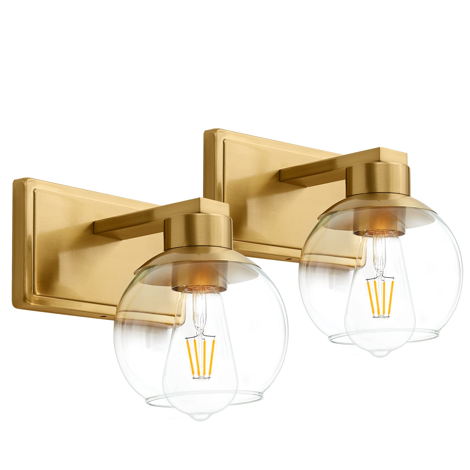 Brushed Brass Wall Sconces Set of 2 - Clear Glass Lamp for Bedroom, Bathroom & Living Room Lighting