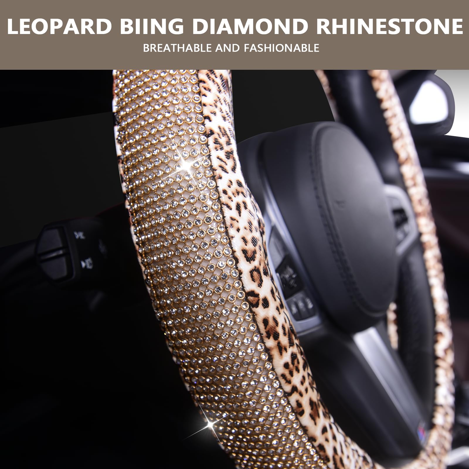 Stylish AUTOYOUTH Leopard Print Leather Steering Wheel Cover with Bling Crystal Rhinestones - Anti-Slip, Universal 15 Inch Fit for Cars, SUVs, Trucks (Black/Silver) - Perfect Gift for Women & Girls, Enhances Driving Comfort & Vehicle Interior Style