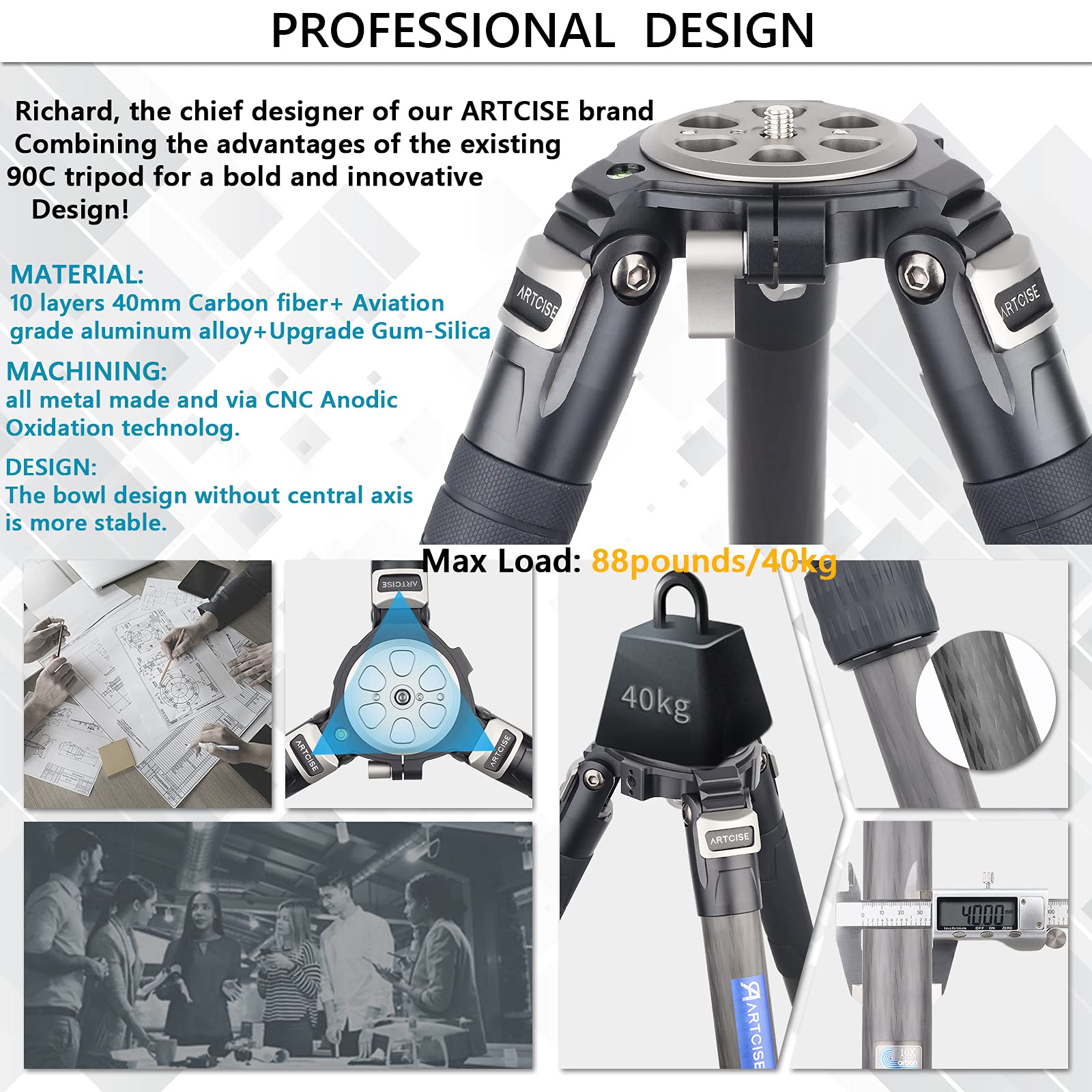 10 Layers 40mm Carbon Fiber Tripod with External Center Column - Ultra Stable Professional Heavy Duty Carbon Bowl Tripod for DSLR Cameras - CNC Cellphone Clip & Aluminum Magic Arm Kit - Max Load 88 Lbs/40kg - Perfect for Outdoor Photography, Studio Shoots, and Travel Videography