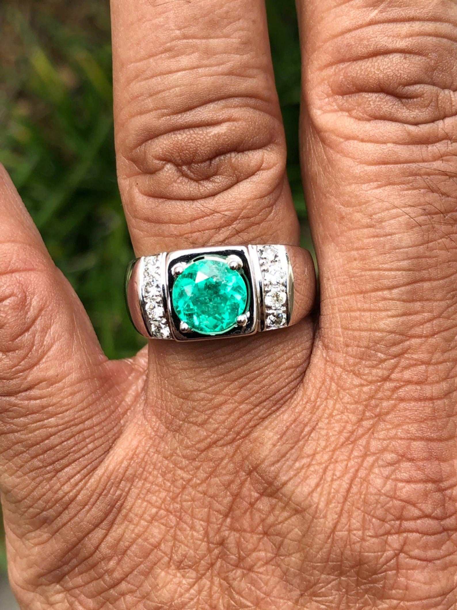 3.10tcw Round Colombian Emerald & Diamond Men's Ring for Wedding, Engagement, Anniversary - Luxury Handmade Jewelry Gift for Him