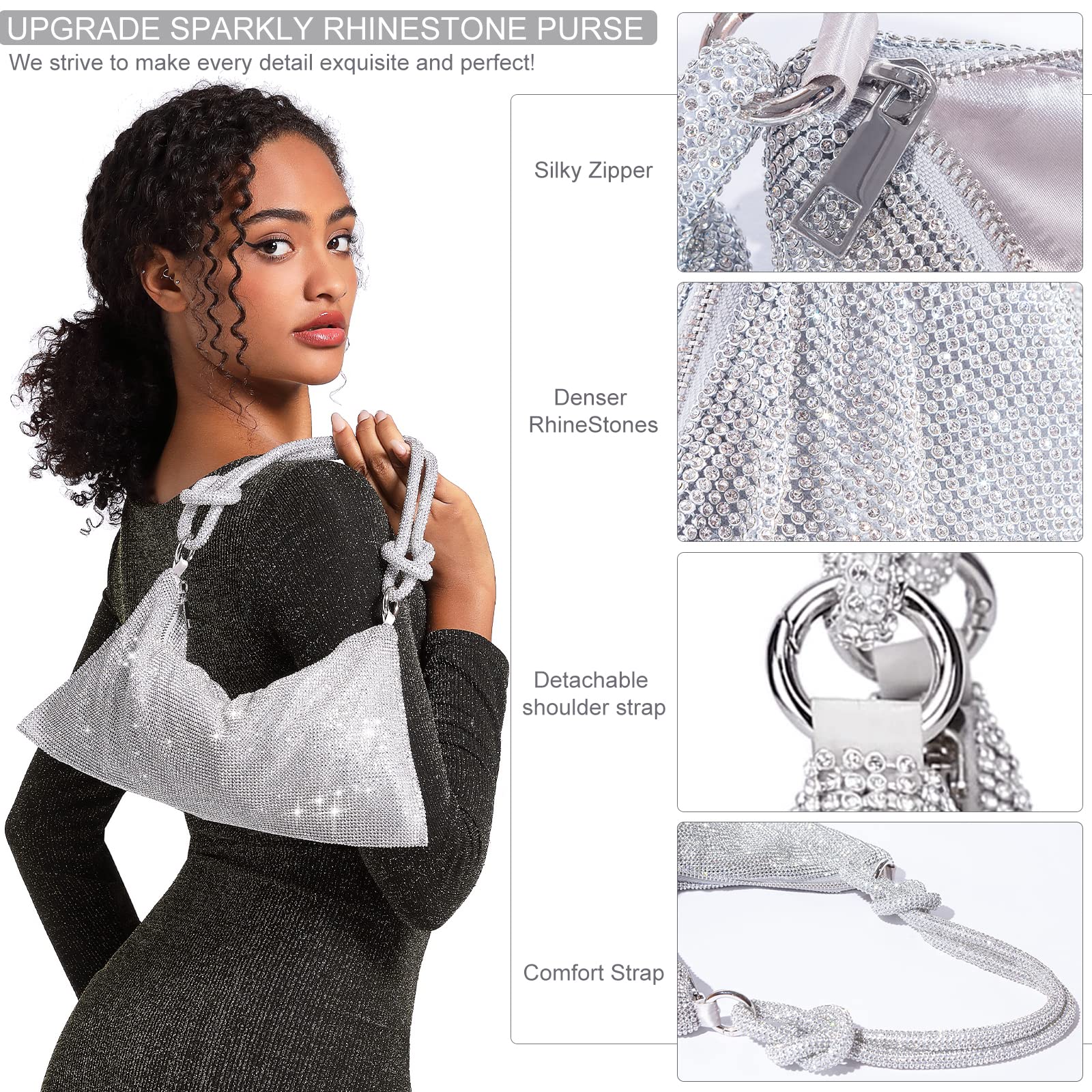 Sparkly Rhinestone Purse for Women - Elegant Silver Diamond Evening Bag, Prom Clutch, Hobo Handbag | Perfect for Parties, Weddings, and Special Occasions