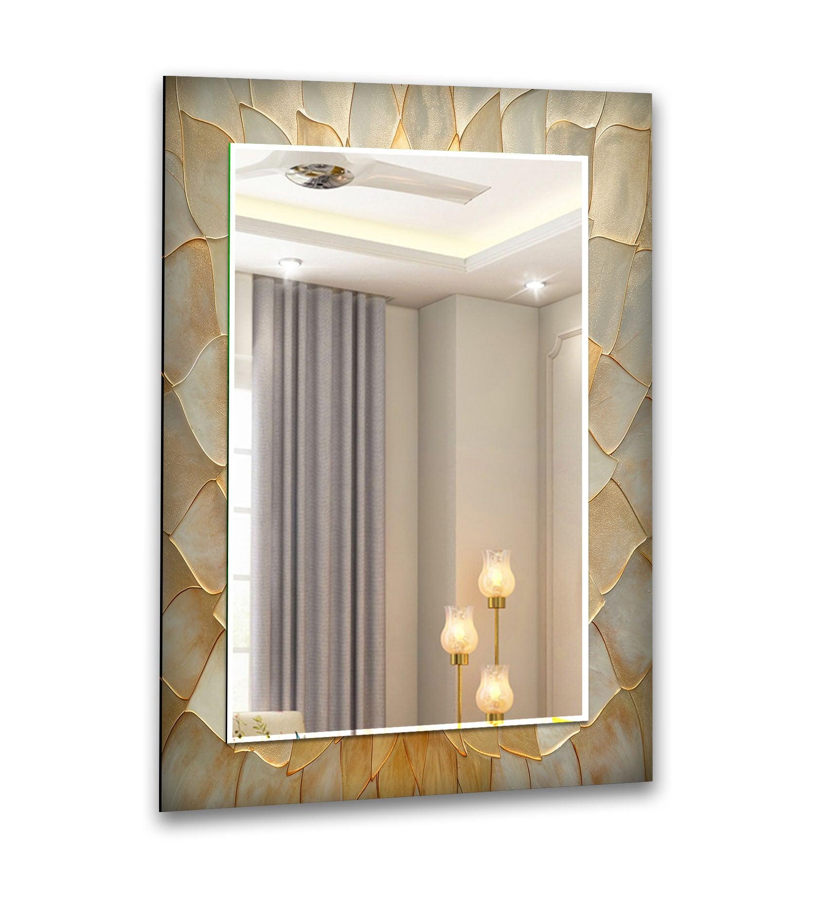 Beige Leaf Patterned Wall Mirror - Decorative Round Mirror for Living Room, Bedroom & Bathroom - Boho Home Decor for Housewarming Gift & Interior Design