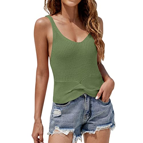 Women's Sexy V-Neck Wool Knit Tank Top - Summer Vacation Solid Color Cross Knit Shirt in White & Green (S) | Perfect for Beach Outings, Date Nights & Casual Wear