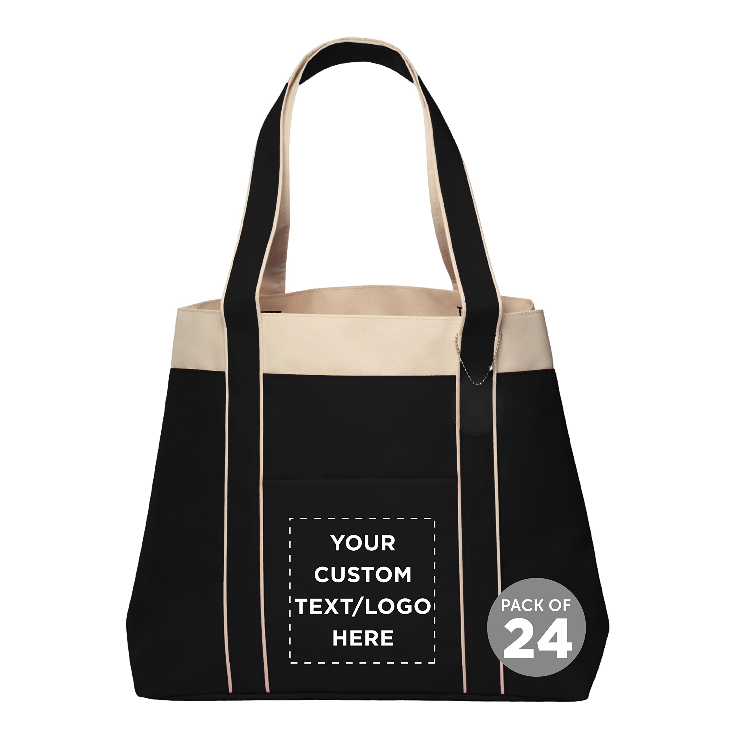 24-Pack Customizable Polyester Tote Bags for Women - Personalized Text/Logo Printing - Two-Tone Design with Reinforced Straps & Wide Gusset - Bulk Wholesale Totes for Promotions, Events & Everyday Shopping (Black) - Perfect for Corporate Gifts, Trade Shows & Retail Businesses