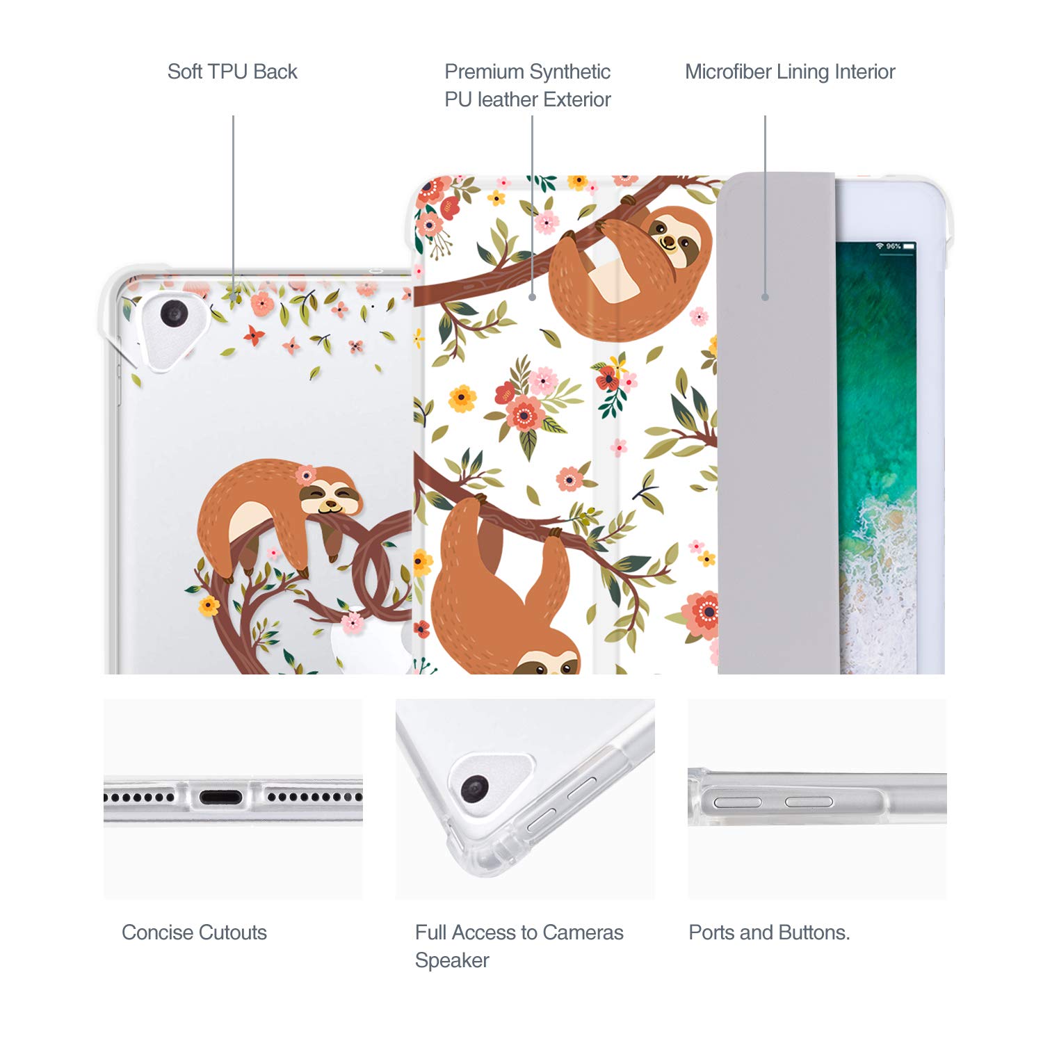 Premium PU Leather iPad Case for 9.7-inch iPad 6th/5th Gen & iPad Air 2 - Tri-fold Stand Cover with Auto Sleep/Wake (Floral Sloth Design) - Perfect for Work, Travel & Home Use