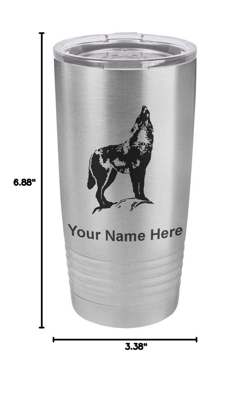 LaserGram 20oz Stainless Steel Vacuum Insulated Tumbler Mug with Howling Wolf Design - Personalized Engraving Included - Keeps Drinks Hot/Cold for Hours - Perfect for Camping, Office & Outdoor Activities