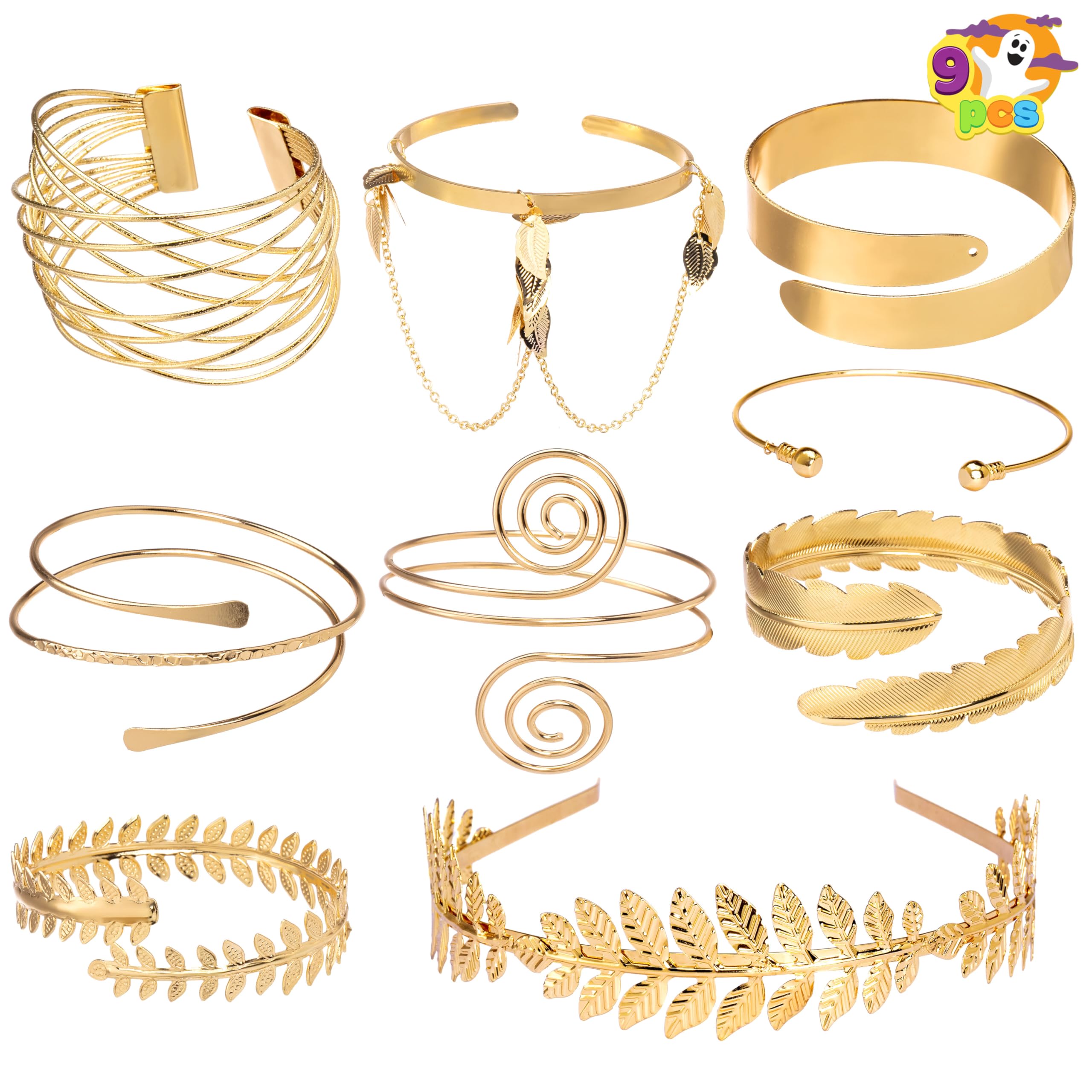 9PCS Halloween Greek Style Jewelry Set - Gold Arm Cuffs, Open Bangle Bracelets for Women & Men | Costume Accessories for Greek Goddess, Toga Party & Halloween Costume