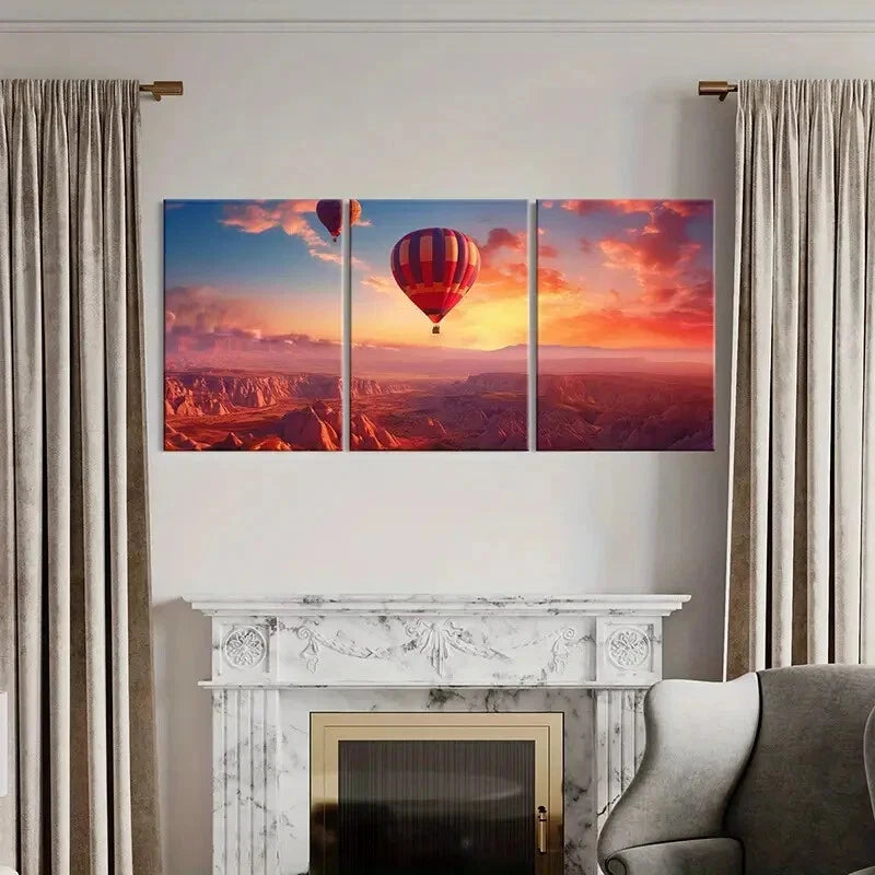 3pcs Hot Air Balloon Landscape Wall Art Set - Sunset Glow Sky Canvas Prints 50x70cm Framed | High Quality Australian Made | Perfect for Living Room, Bedroom & Office Decor