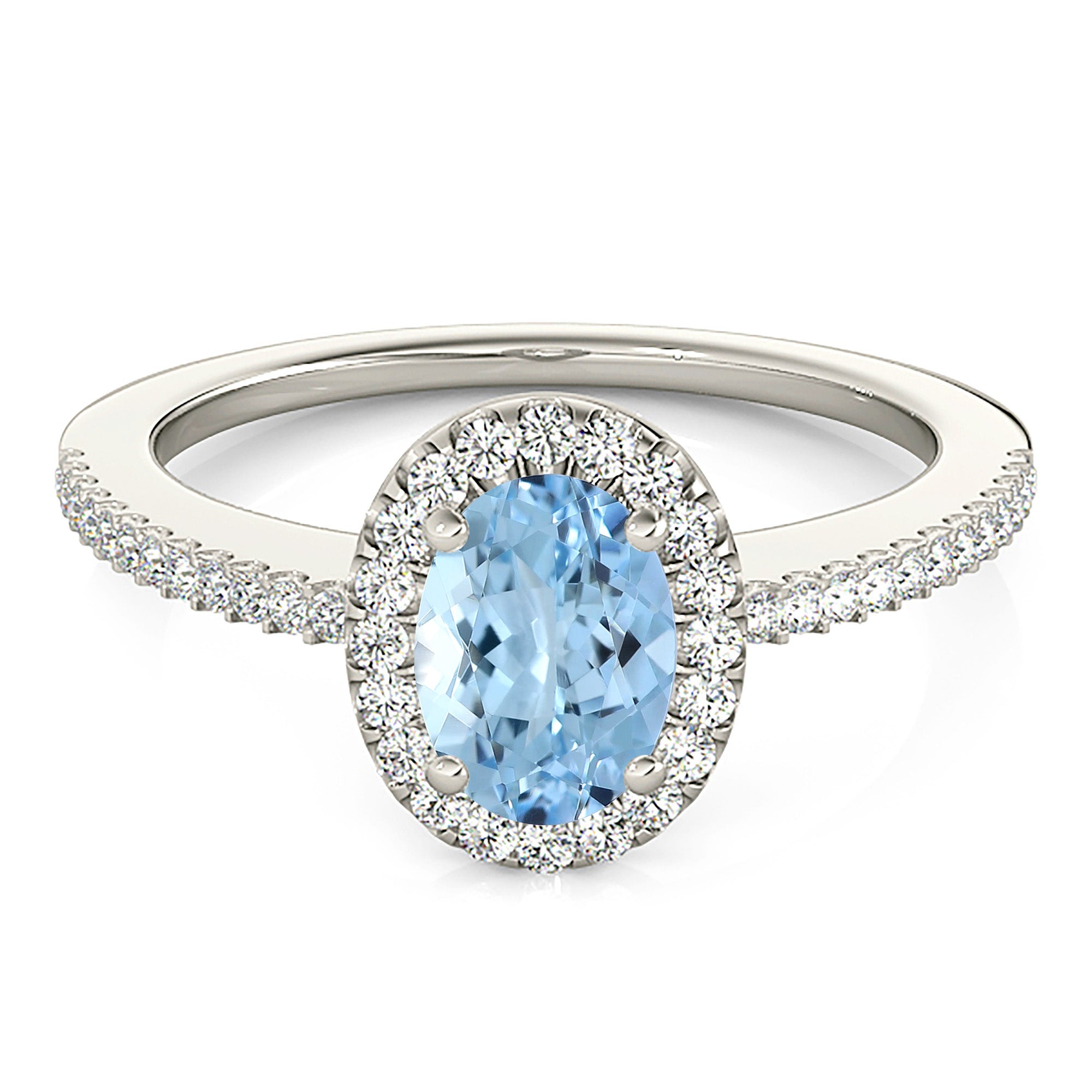 1.00 Carat Genuine Oval Aquamarine Ring with Halo & Diamond Band - Elegant Engagement, Wedding, Anniversary Gift for Her