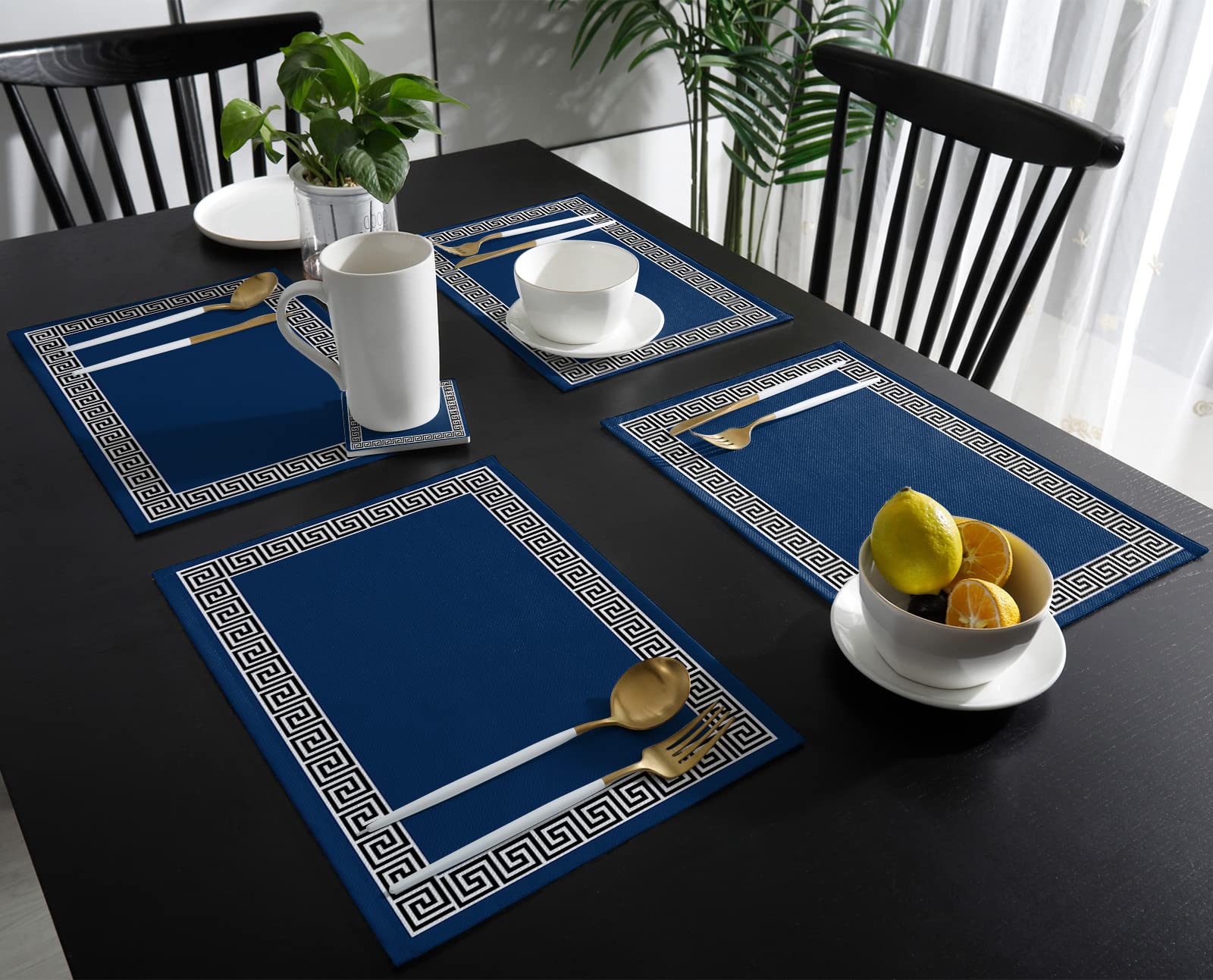 Modern Geometric Greek Key Design Placemats - Set of 4 Navy Blue Washable Table Mats for Dining Room, Kitchen Decor, and Dinner Table Settings