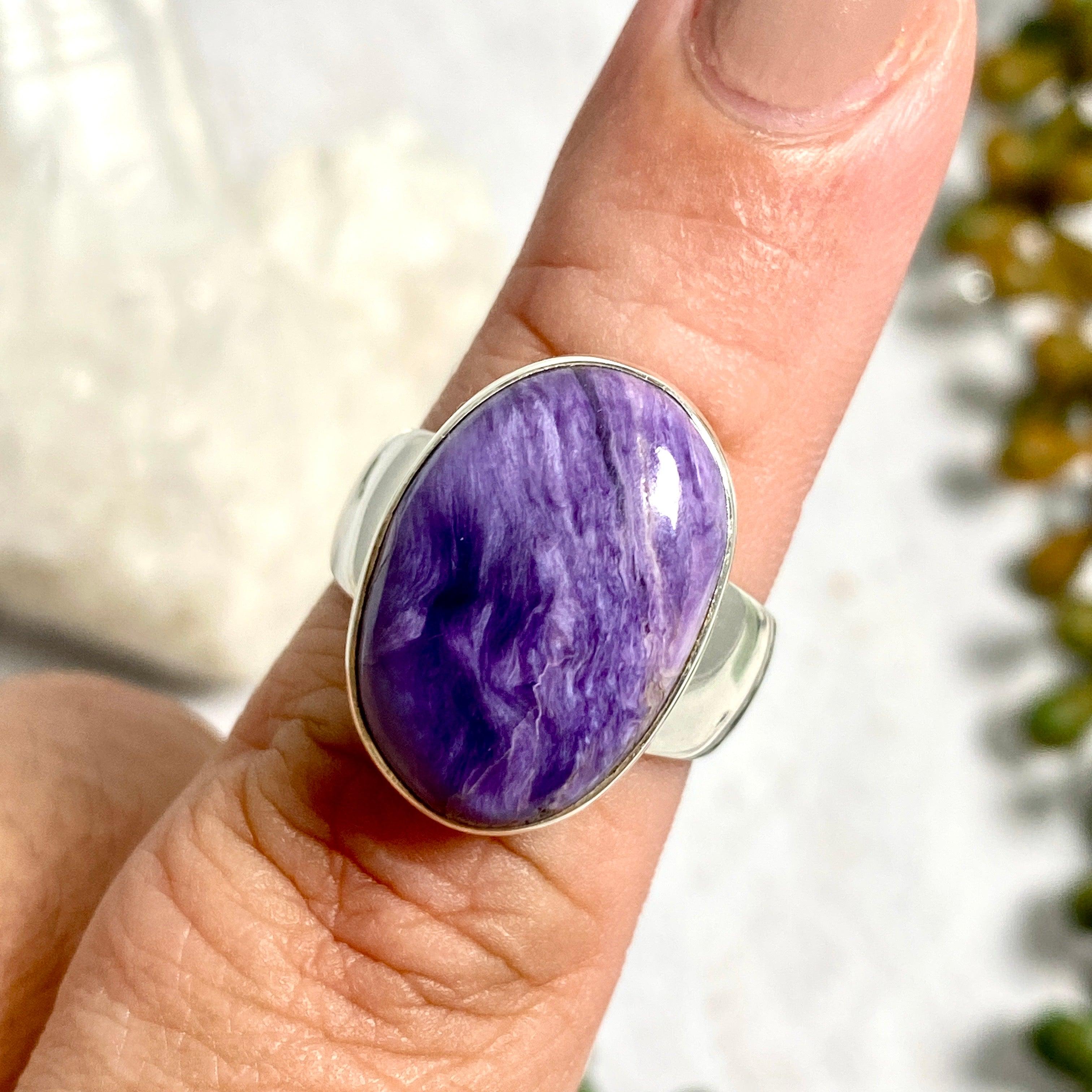 Charoite Oval Ring Size 8 - Genuine Purple Gemstone Jewelry for Women, Elegant Handmade Silver Ring - Perfect for Gifts, Weddings & Special Occasions