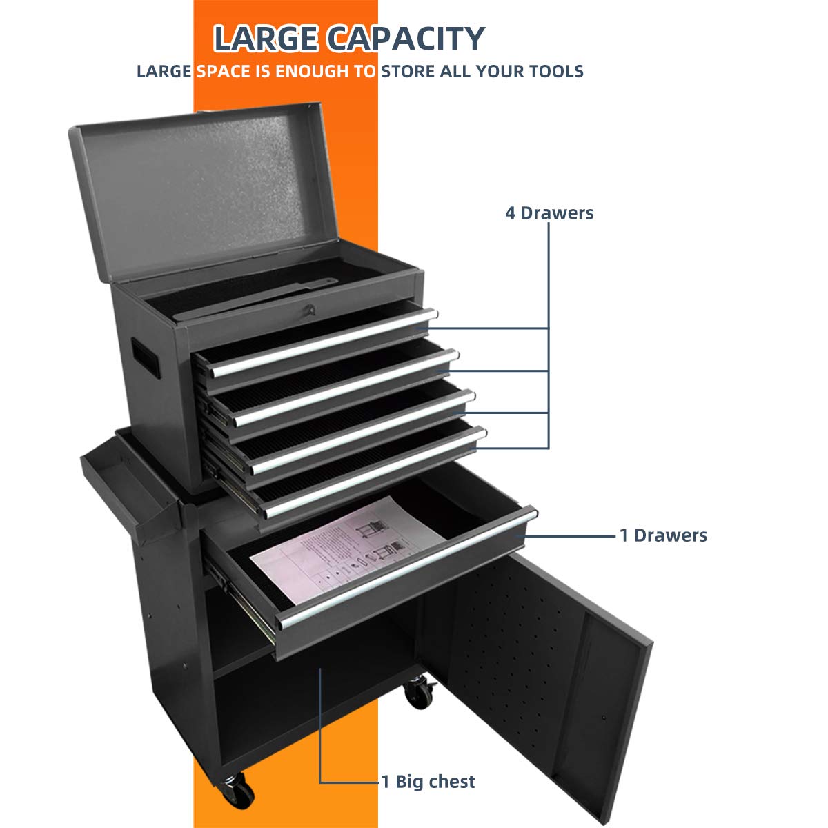 X&T Heavy Duty Composite Rolling Tool Box - 4-Wheel Lockable Storage Cabinet with 5 Detachable Drawers, High Capacity Steel Organizer for Garage, Workshop & Warehouse | Perfect for Automotive Tools, Hardware Storage & Industrial Organization (Black)