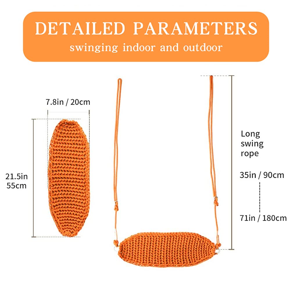 Kids Hand-Knitted Swing Seat - Indoor/Outdoor Portable Tree Swing with Adjustable Ropes, Hanging Strap & Snap Hook - Perfect for Camping, Hiking, Backyard Playset & Playroom - Easy Installation (Orange)