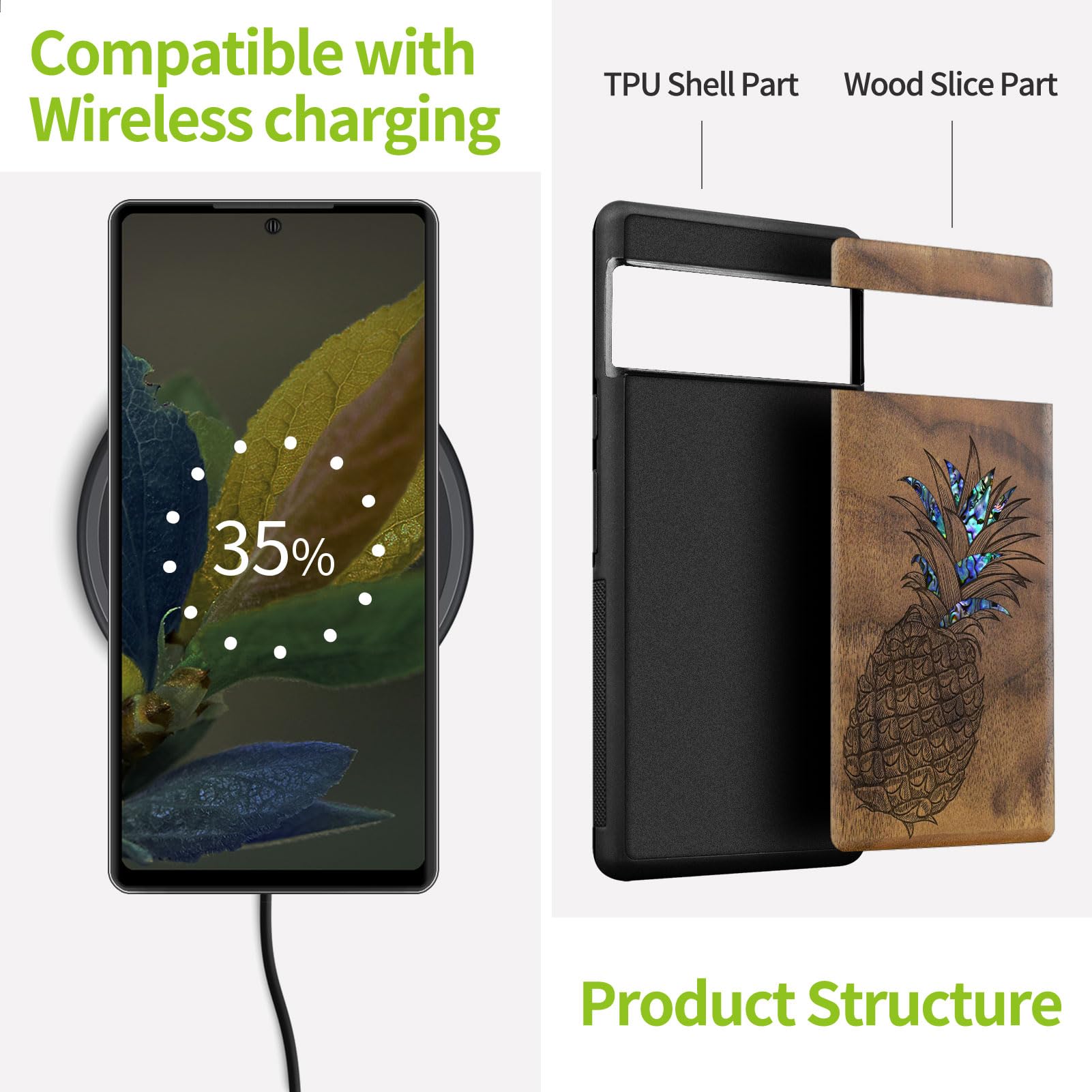 Carveit Designer Wooden Phone Case for Google Pixel 7a - Handcrafted Wood Engraving & Shell Inlay Protective Cover - Compatible with Wireless Charging (Pineapple-Walnut) - Perfect for Outdoor Adventures & Business Meetings