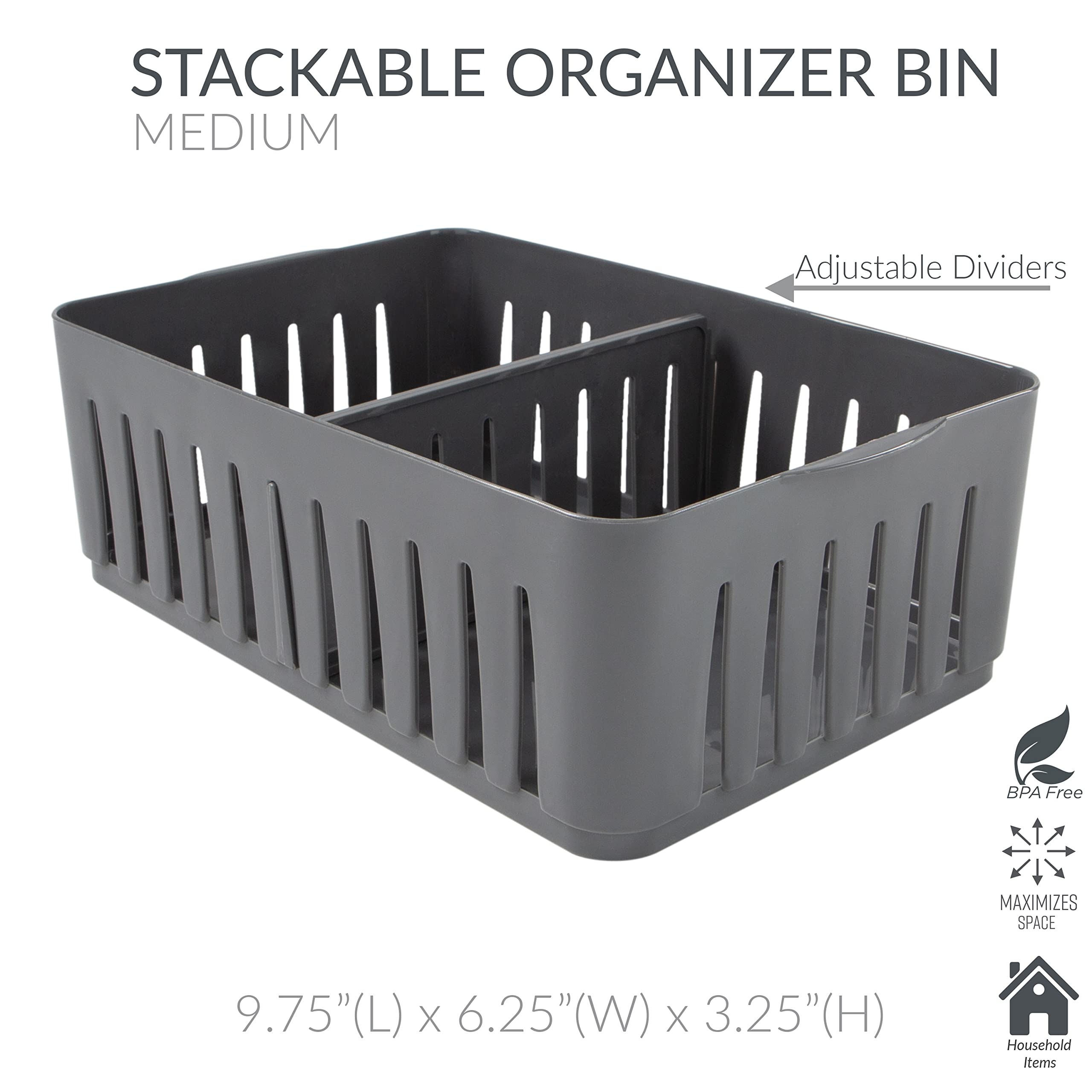4 Pack Stackable Storage Bins with Adjustable Dividers - 3 Compartment Drawer Organizer for Office, Desk, Dorm & Bathroom | Perfect for Makeup, Accessories & Supplies | Space-Saving Grey Storage Baskets for Home Organization
