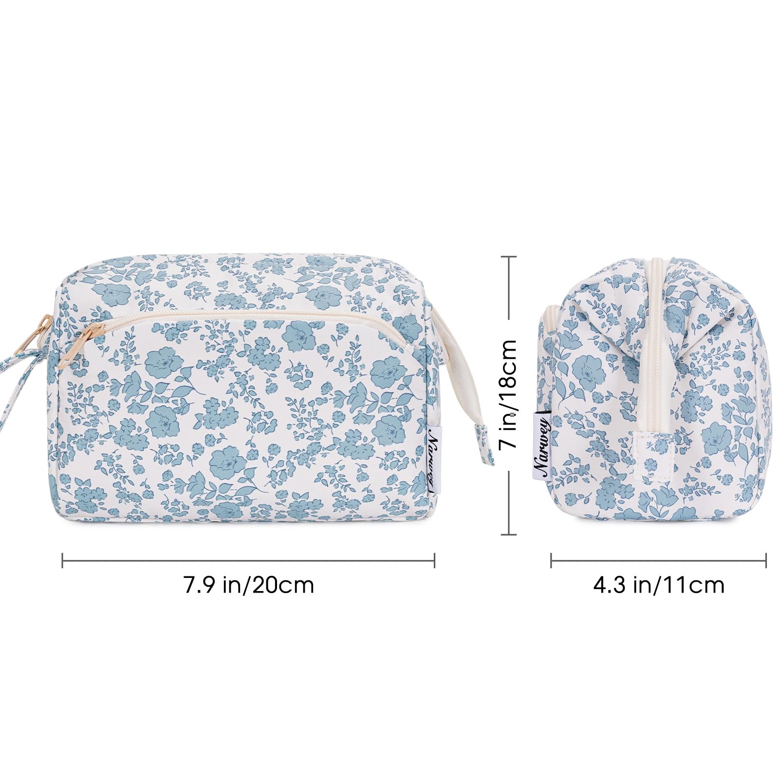 Narwey Floral Makeup Bag - Large Open Cosmetic Organizer for Travel, Toiletry Storage & Beauty Accessories (Little Blue Flower) - Perfect for Travel, Gym, Home & Daily Use