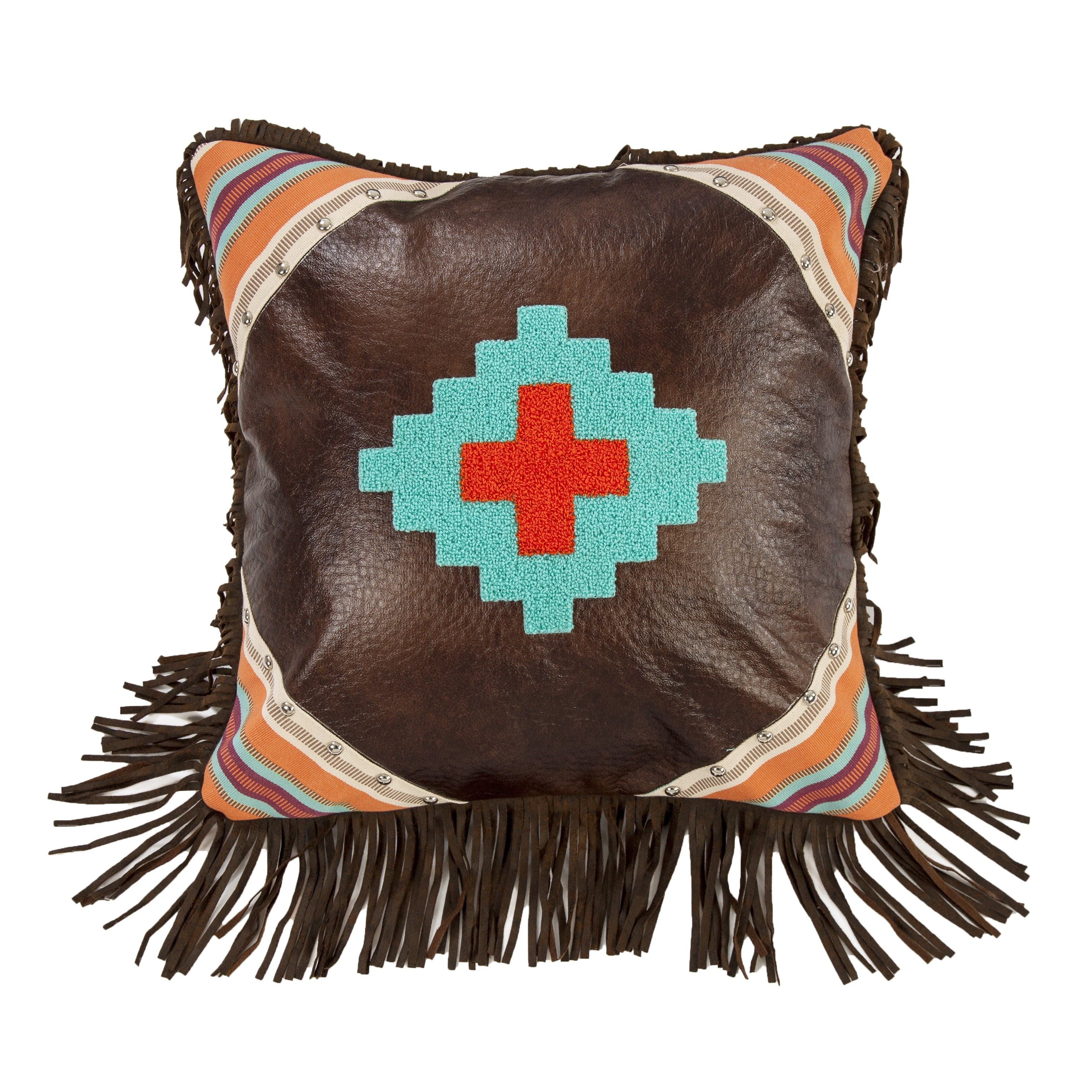 Serape Faux Leather Throw Pillow with Aztec Embroidery - Boho Chic Home Decor for Sofa, Bed & Living Room