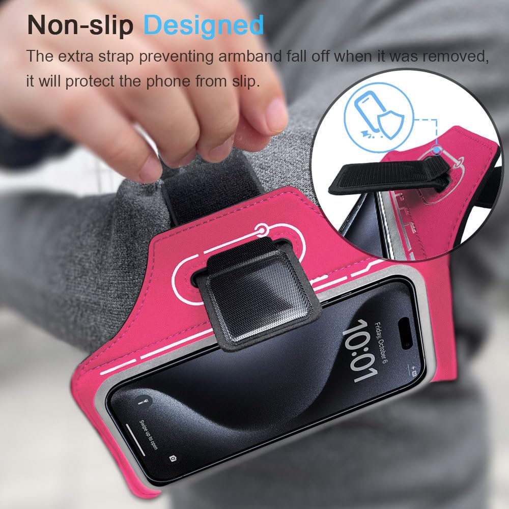 JEMACHE iPhone 16 Pro Max Armband - Running Phone Holder for iPhone 16/15/14 Plus & 16/15/14/13/12/11 Pro Max with AirPods Case - Gym Workout, Jogging, Cycling & Fitness Accessories (Rosy Pink)
