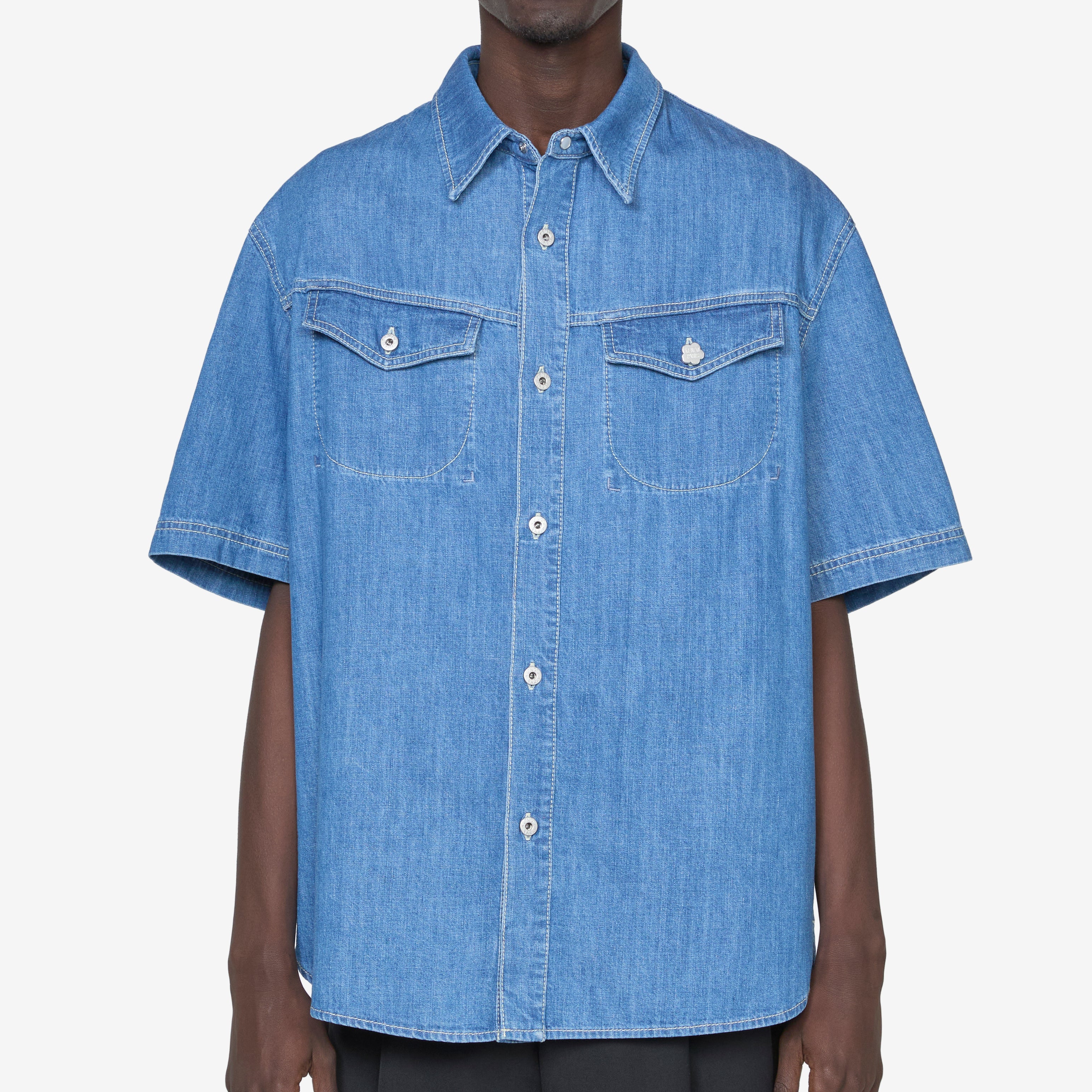 Men's Short Sleeve Casual Shirt - Stone Washed Bleached Blue Cotton Button Down for Summer Outdoor Activities and Travel