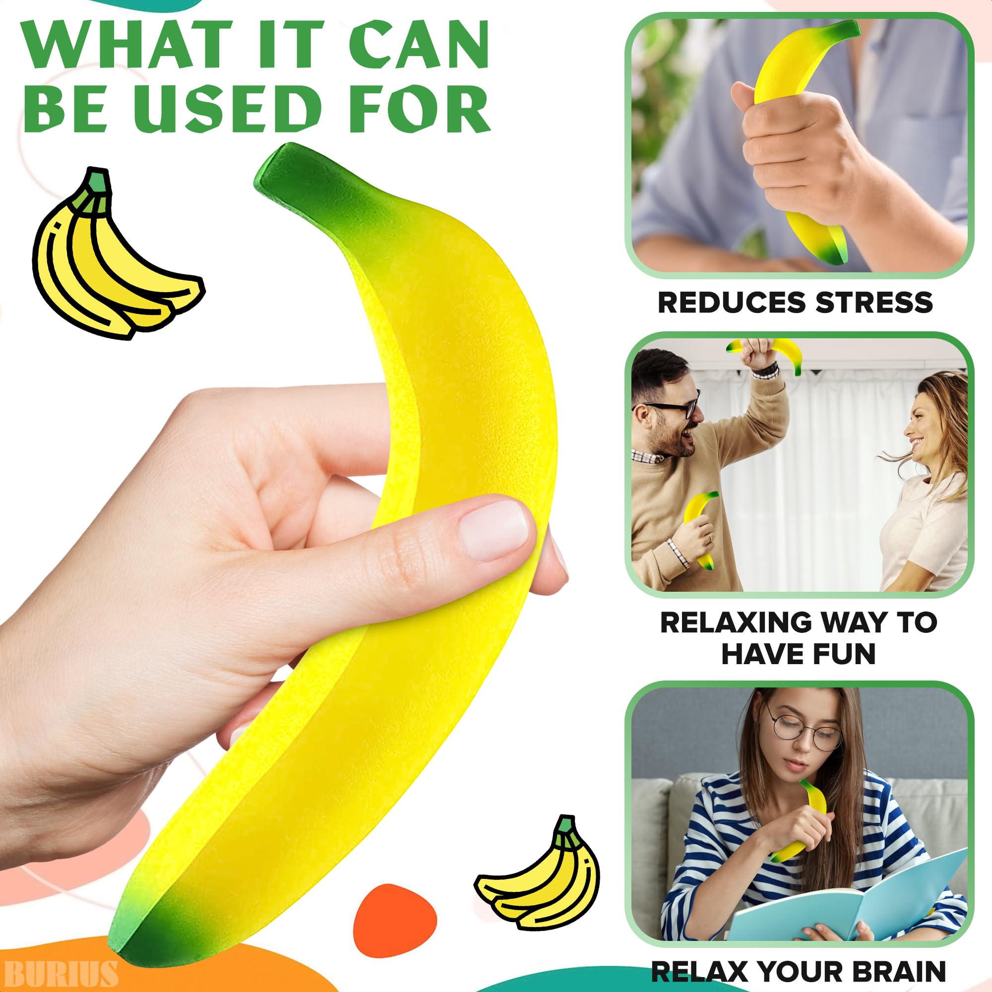 Banana Squishy Fidget Stress Relief Toys for Adults & Kids - Soft Foam Sensory Toys for Anxiety, ADHD, Autism - Fun Party Favors, Office Desk Decor & Classroom Sensory Tools - Stretchy Yellow Banana Anti-Stress Toy