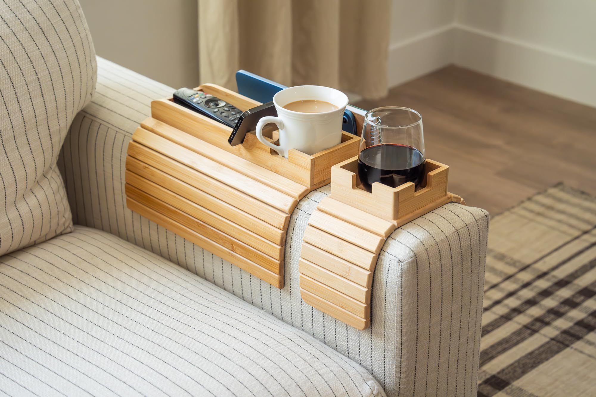 Premium Bamboo Couch Cup Holder Tray Set - Large & Small Non-Slip Drink Holder Caddy with Side Pocket Storage - Universal Sofa Arm Tray for Couches, Recliners & Loveseats - Perfect for Movie Nights, Gaming Sessions & Relaxing with Drinks & Snacks