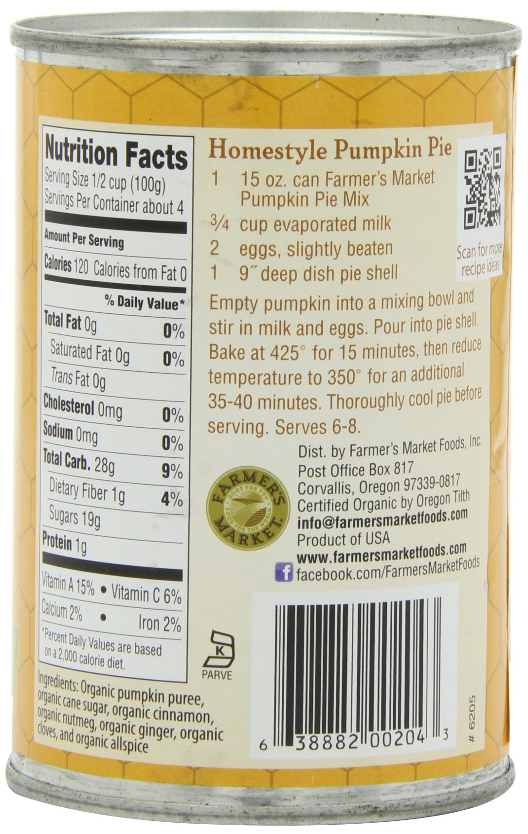Organic Pumpkin Pie Mix - Farmer's Market, 15oz (Pack of 12) | All-Natural, Gluten-Free Thanksgiving Baking Essential for Pies, Breads & Desserts