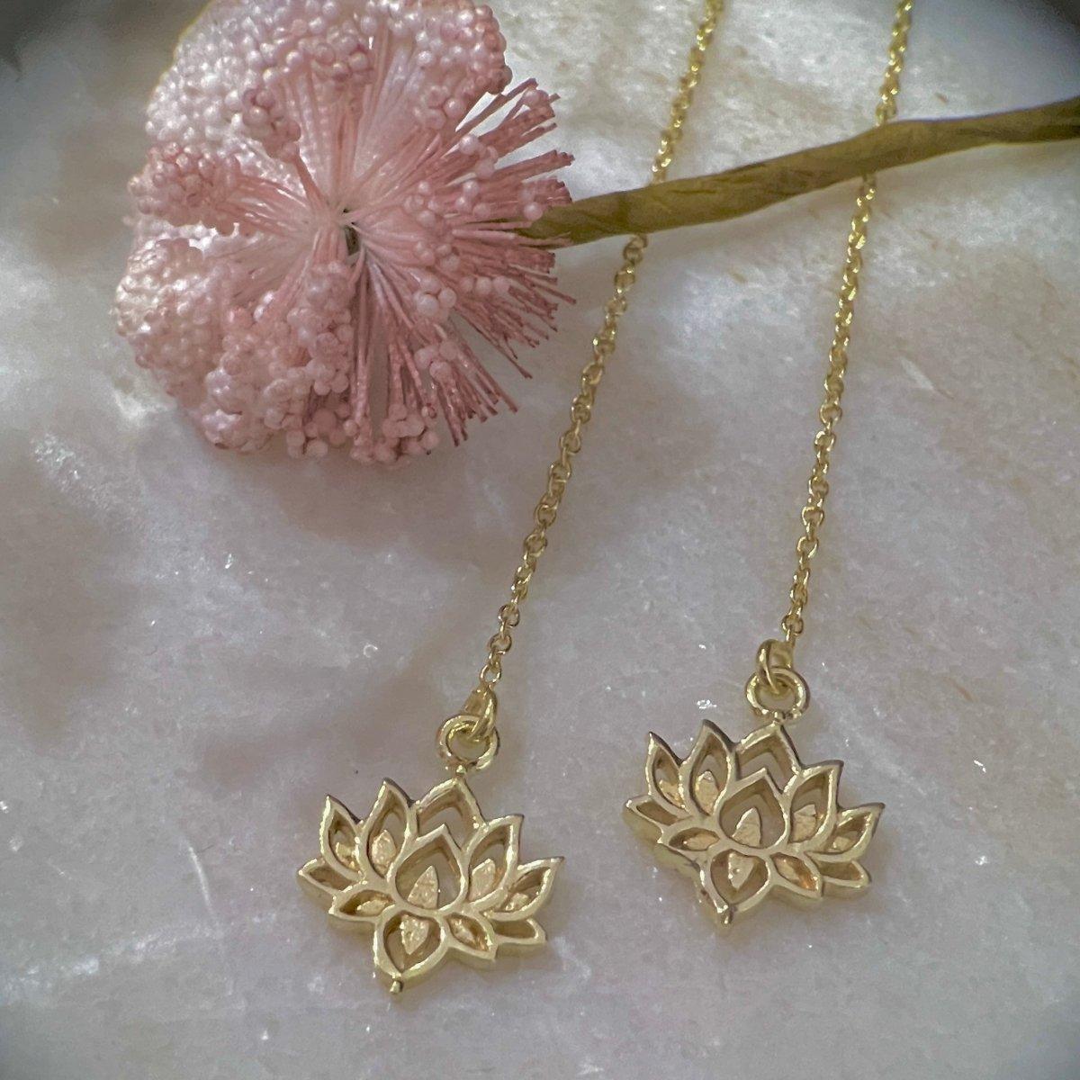 Boho Chic Lotus Flower Threader Earrings for Women - 14K Gold Plated Dainty Earrings for Everyday Wear & Special Occasions